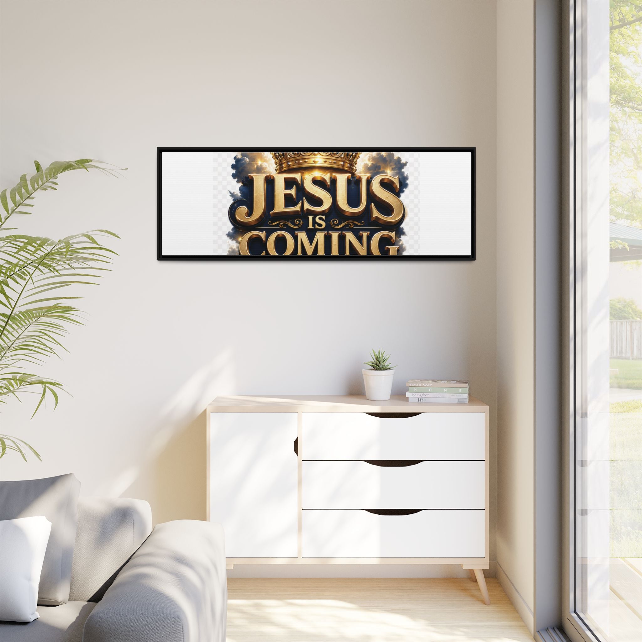Framed Matte Canvas — "Jesus Is Coming" Gold Crown Christian Wall Art