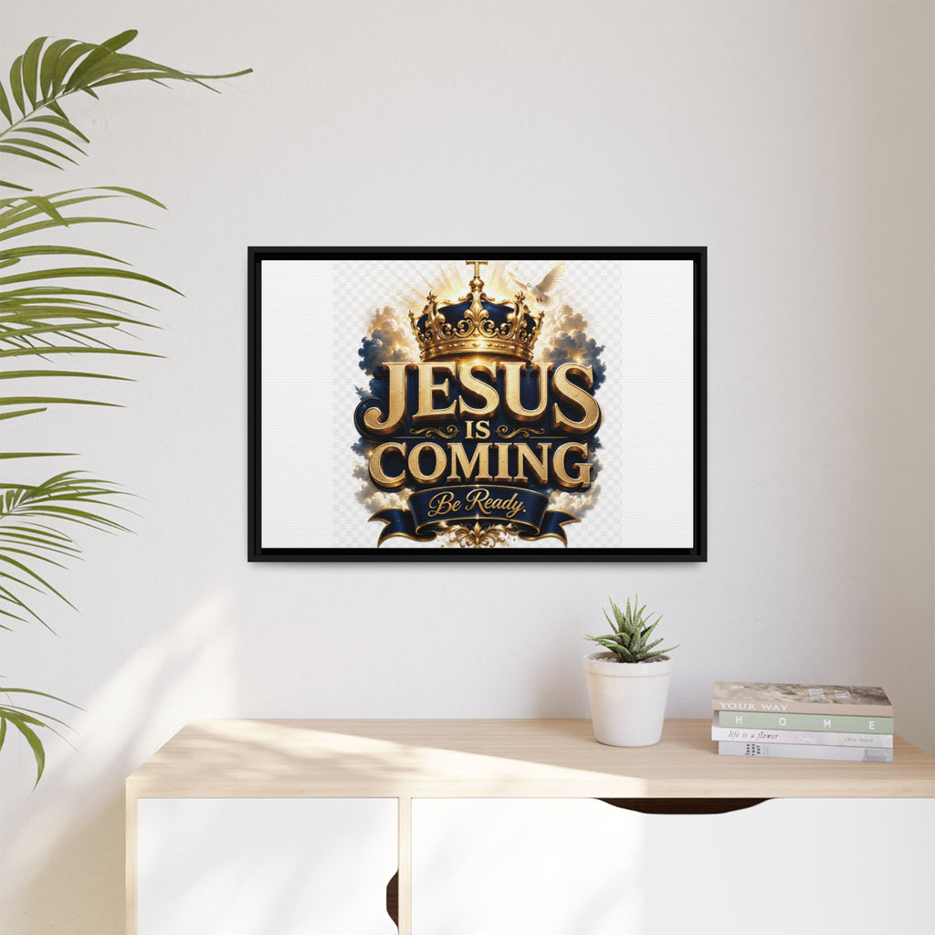 Framed Matte Canvas — "Jesus Is Coming" Gold Crown Christian Wall Art