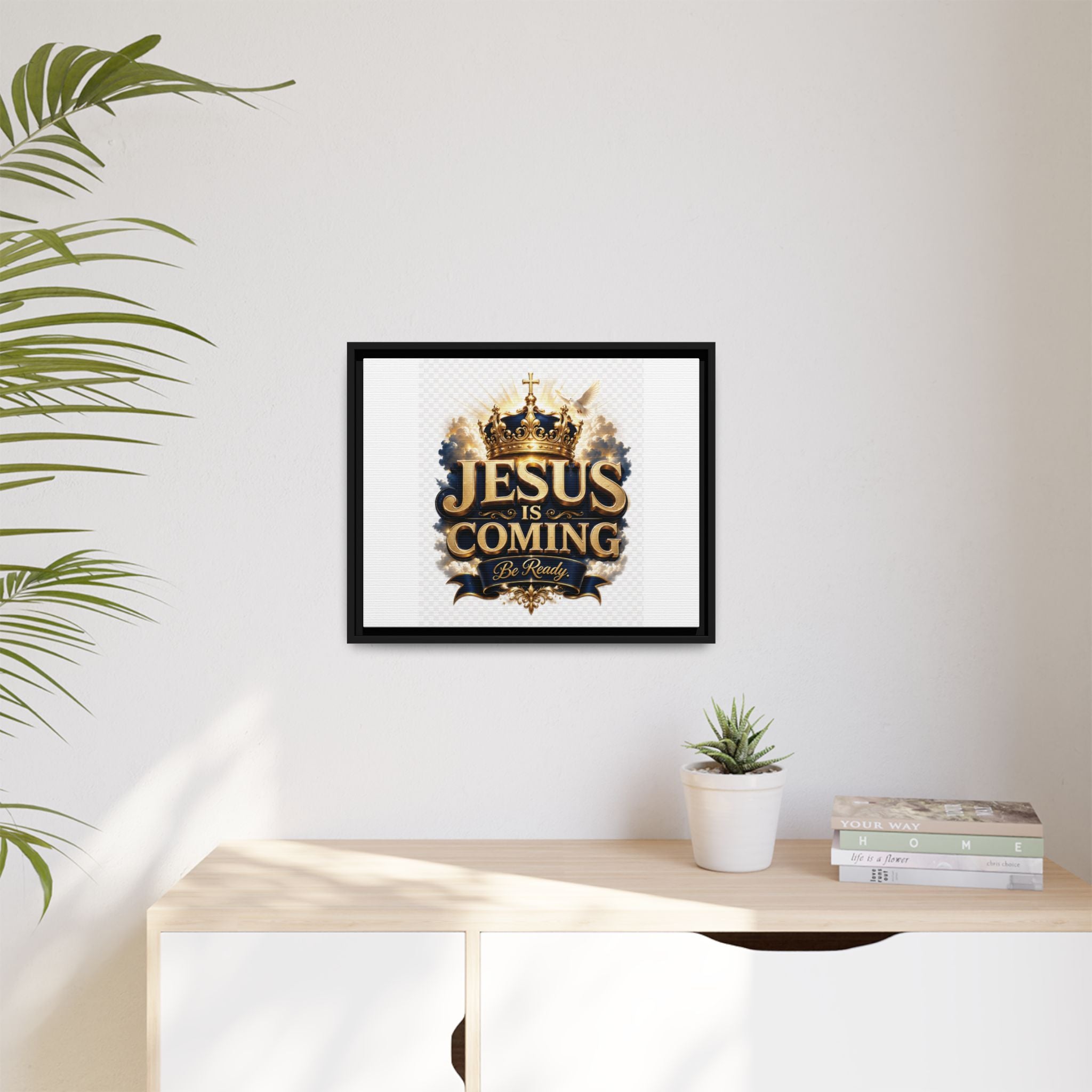 Framed Matte Canvas — "Jesus Is Coming" Gold Crown Christian Wall Art
