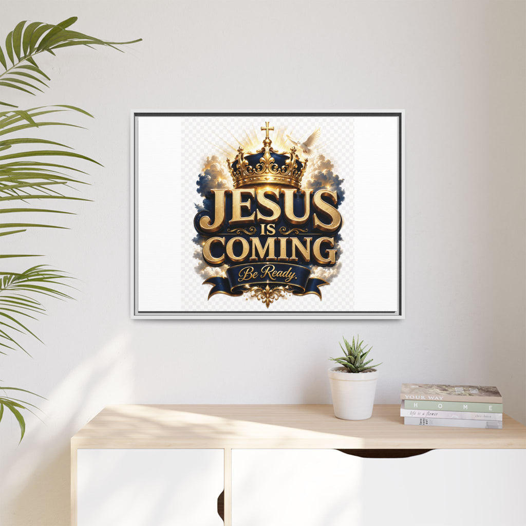 Framed Matte Canvas — "Jesus Is Coming" Gold Crown Christian Wall Art