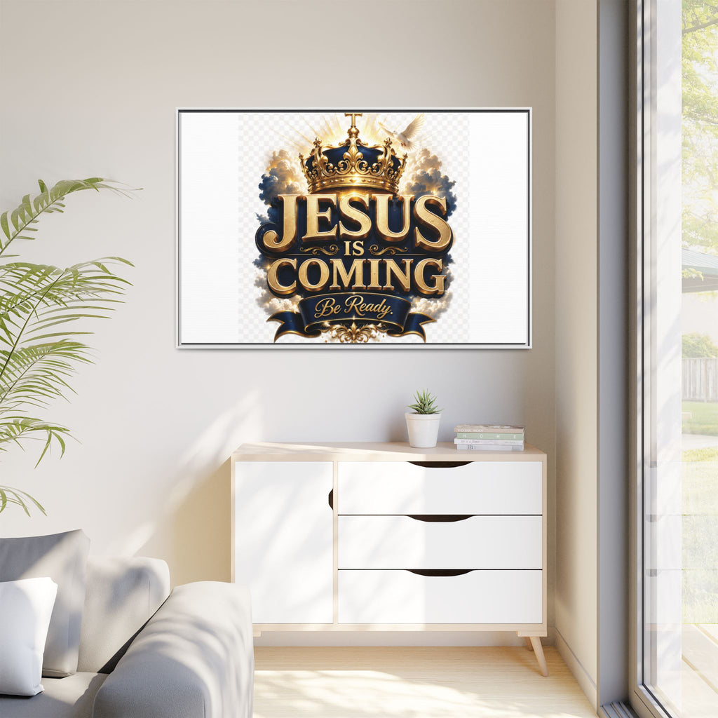 Framed Matte Canvas — "Jesus Is Coming" Gold Crown Christian Wall Art