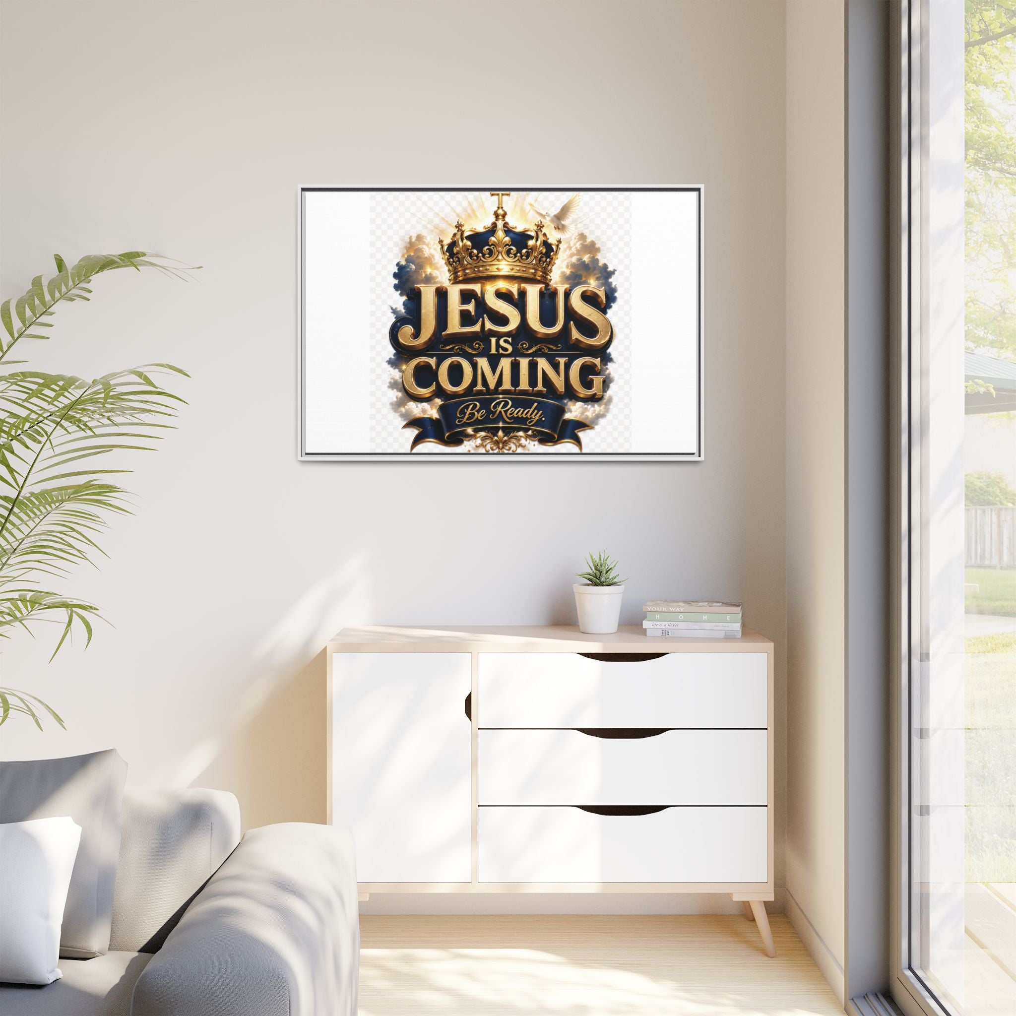 Framed Matte Canvas — "Jesus Is Coming" Gold Crown Christian Wall Art