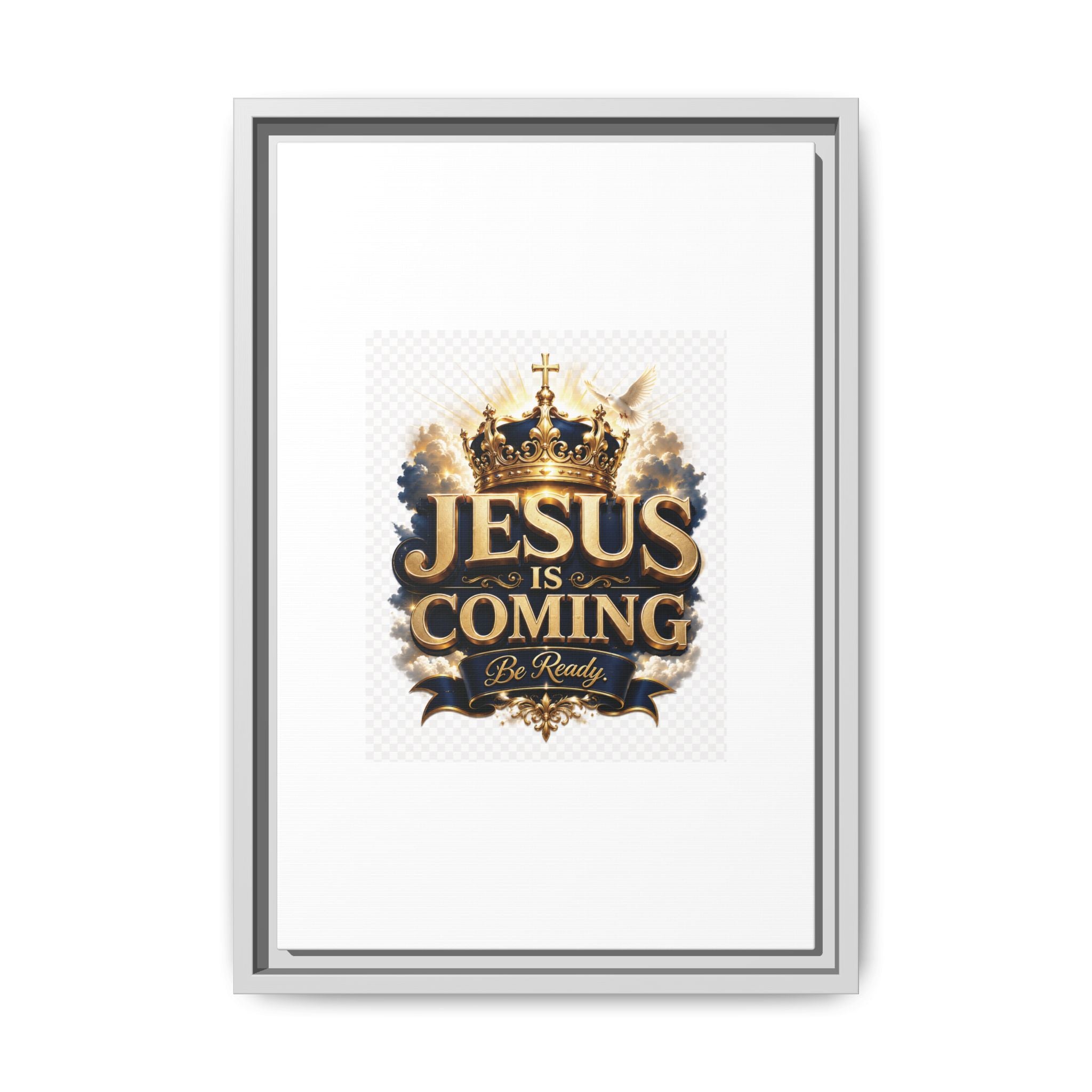 Framed Matte Canvas — "Jesus Is Coming" Gold Crown Christian Wall Art