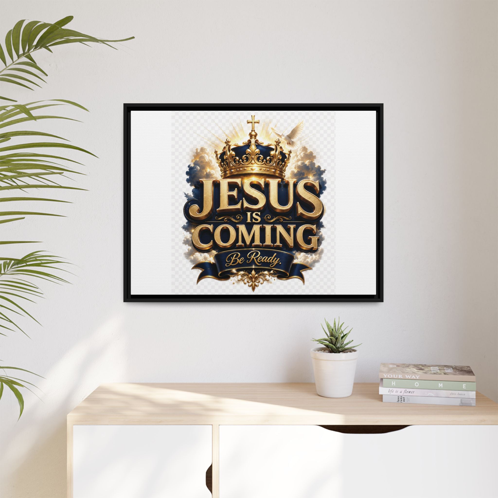 Framed Matte Canvas — "Jesus Is Coming" Gold Crown Christian Wall Art
