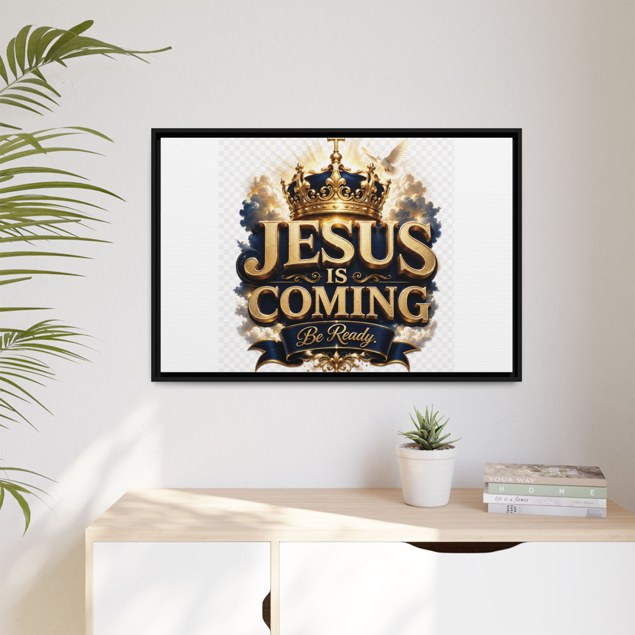 Framed Matte Canvas — "Jesus Is Coming" Gold Crown Christian Wall Art