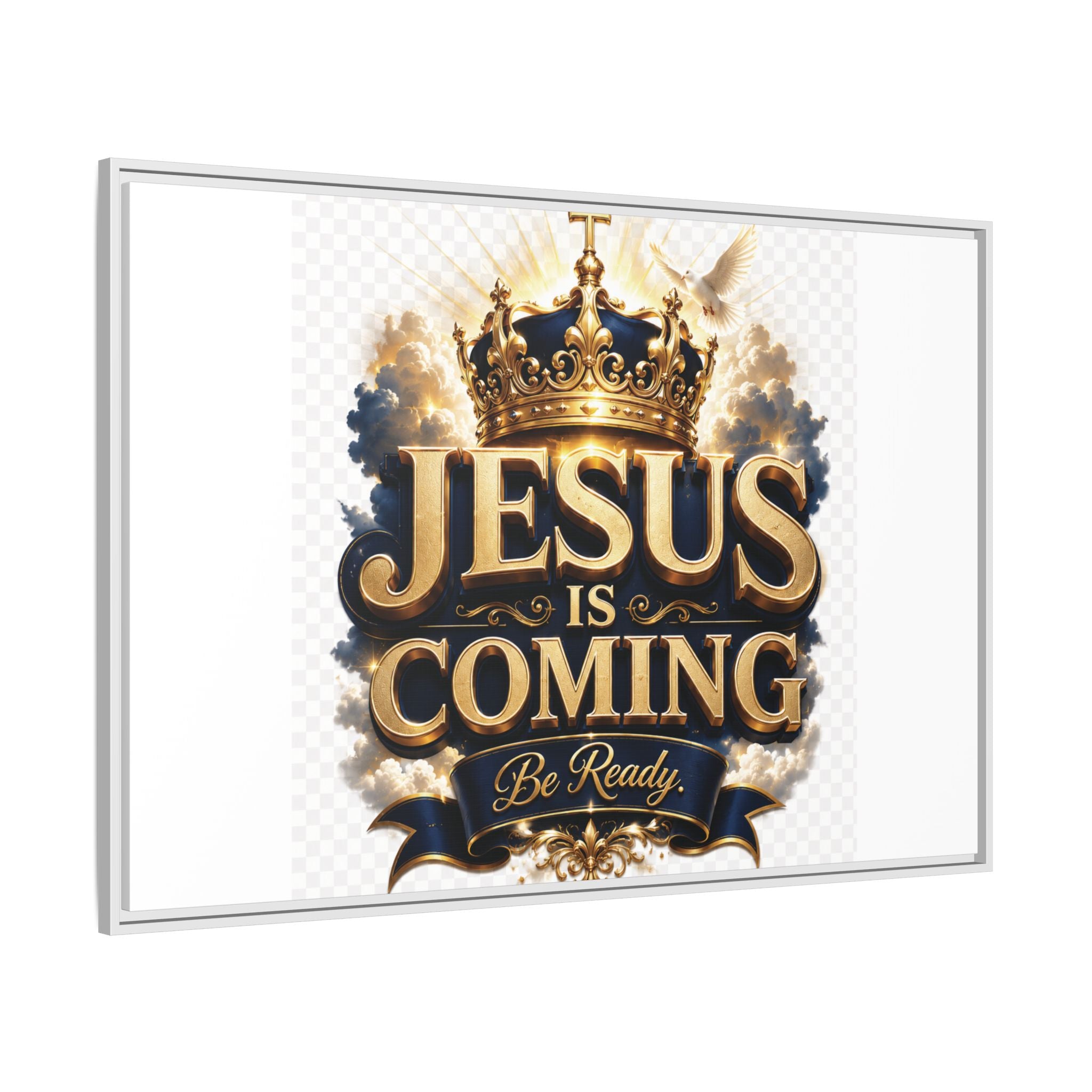 Framed Matte Canvas — "Jesus Is Coming" Gold Crown Christian Wall Art