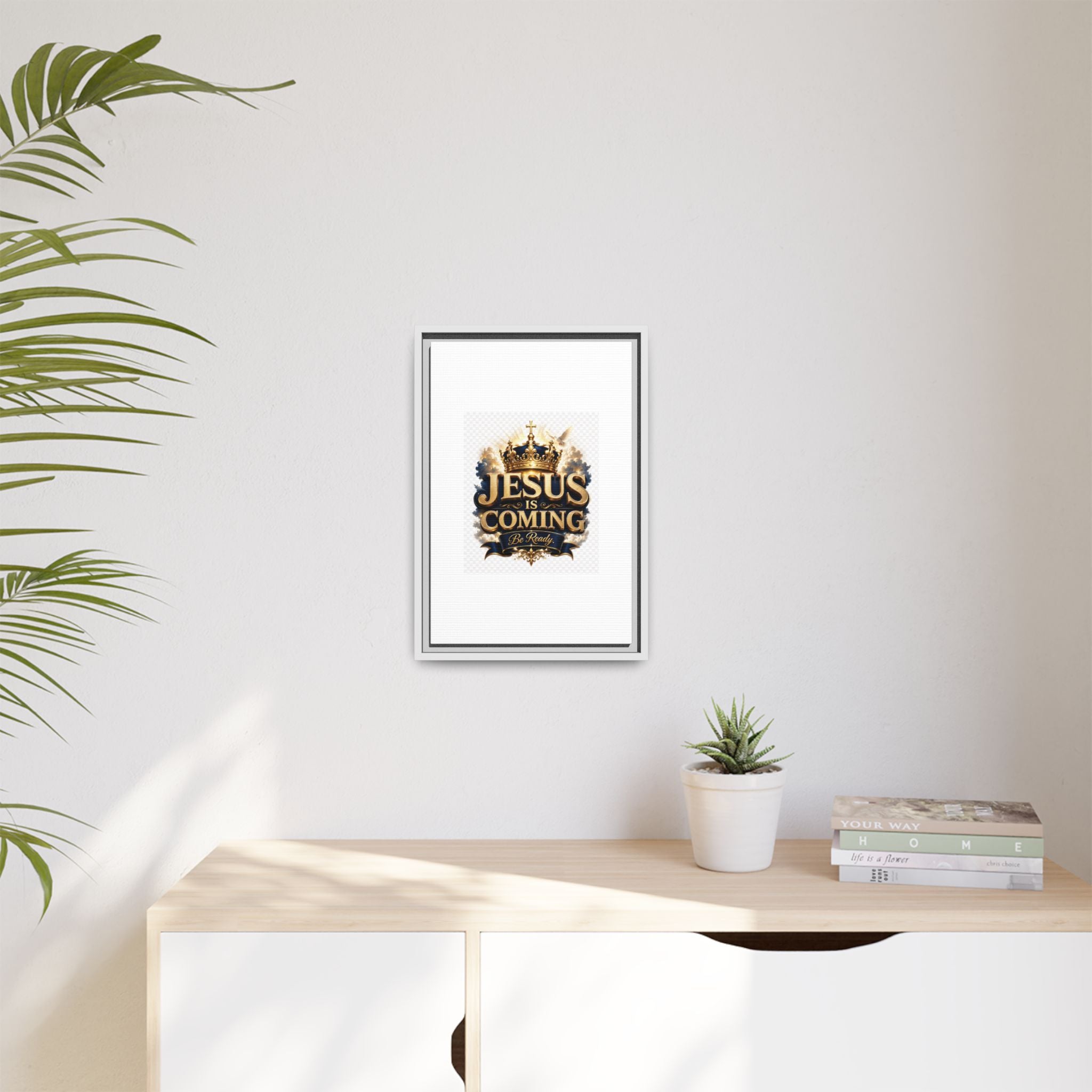 Framed Matte Canvas — "Jesus Is Coming" Gold Crown Christian Wall Art