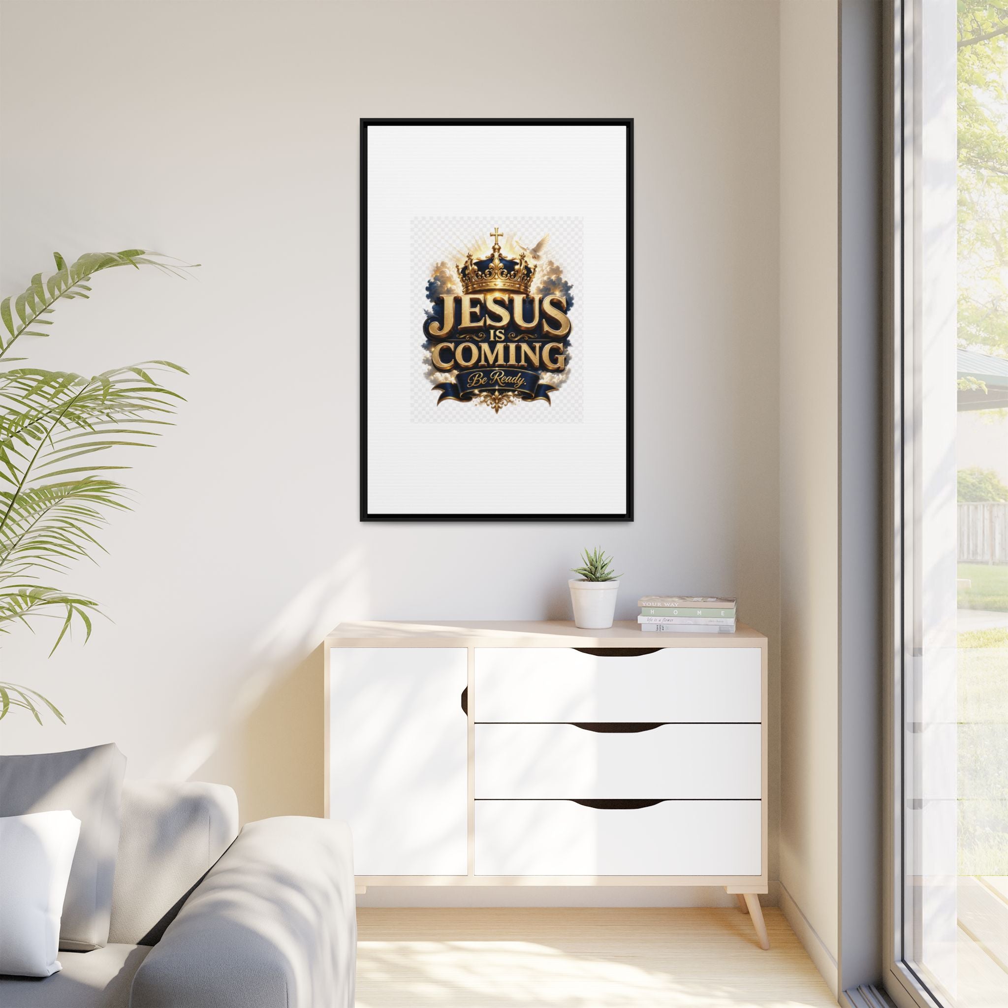 Framed Matte Canvas — "Jesus Is Coming" Gold Crown Christian Wall Art