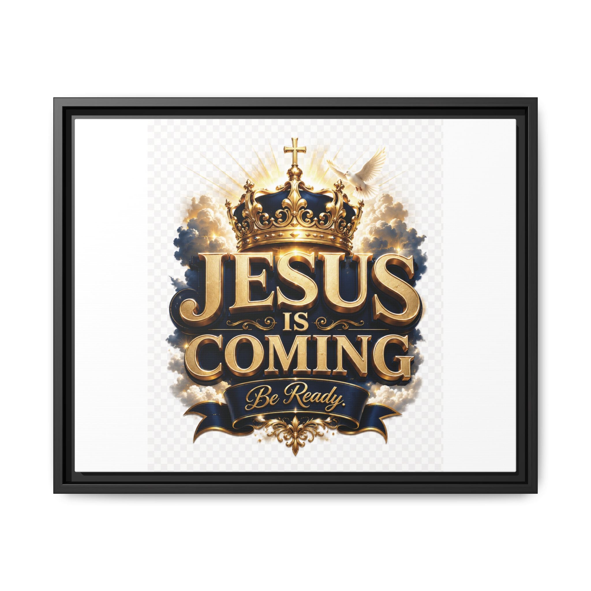 Framed Matte Canvas — "Jesus Is Coming" Gold Crown Christian Wall Art