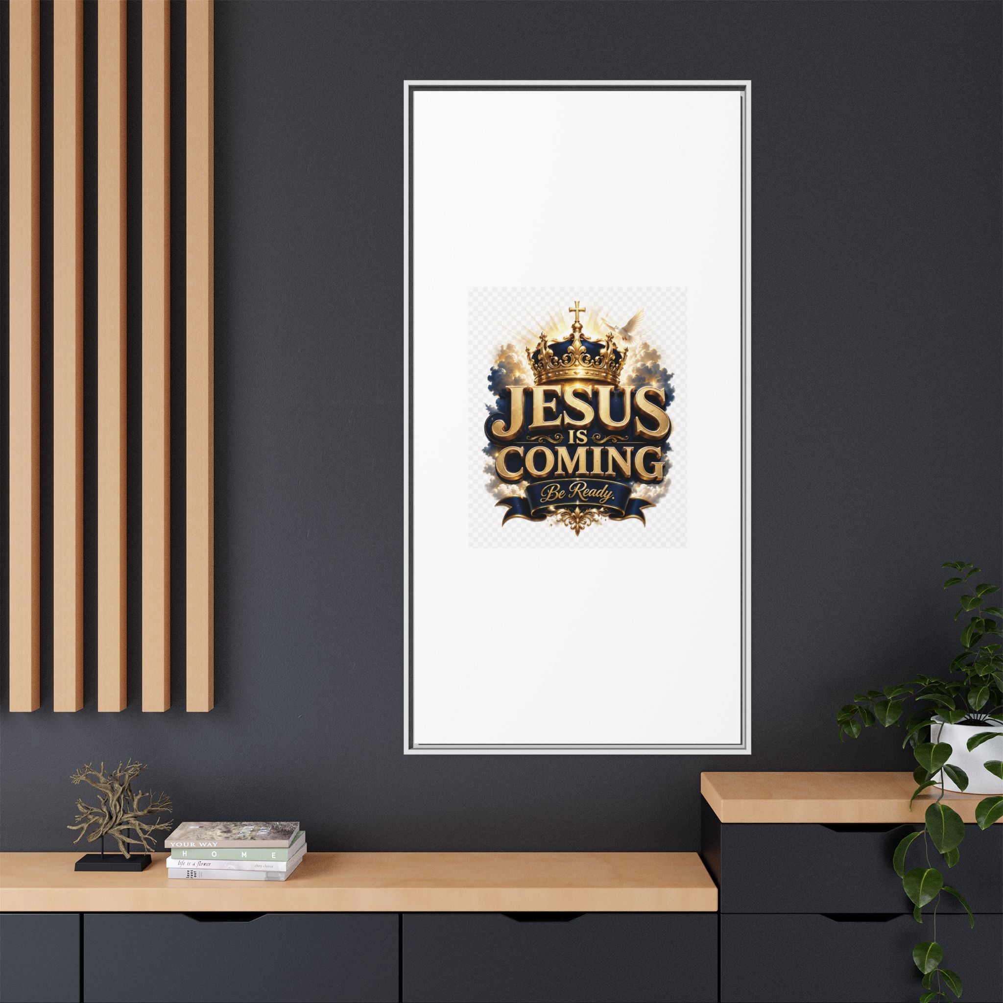 Framed Matte Canvas — "Jesus Is Coming" Gold Crown Christian Wall Art