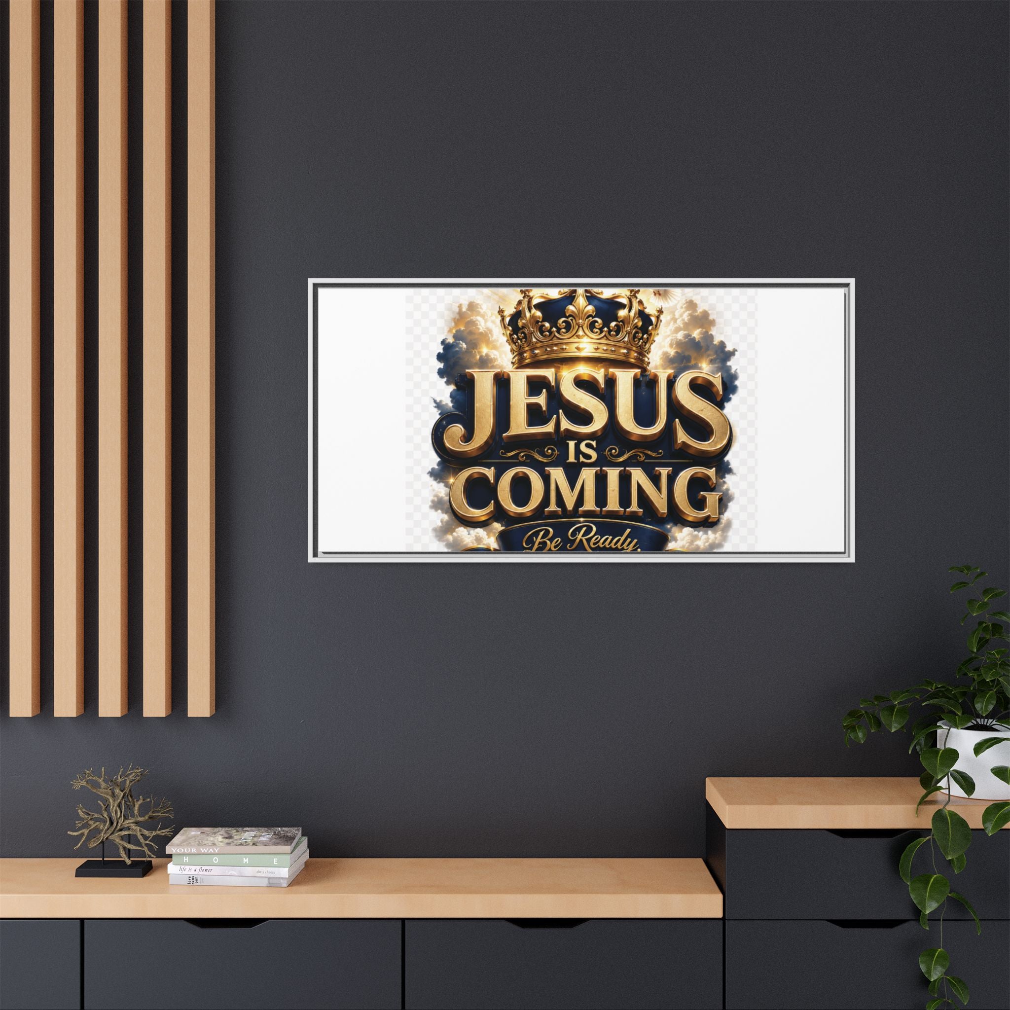 Framed Matte Canvas — "Jesus Is Coming" Gold Crown Christian Wall Art