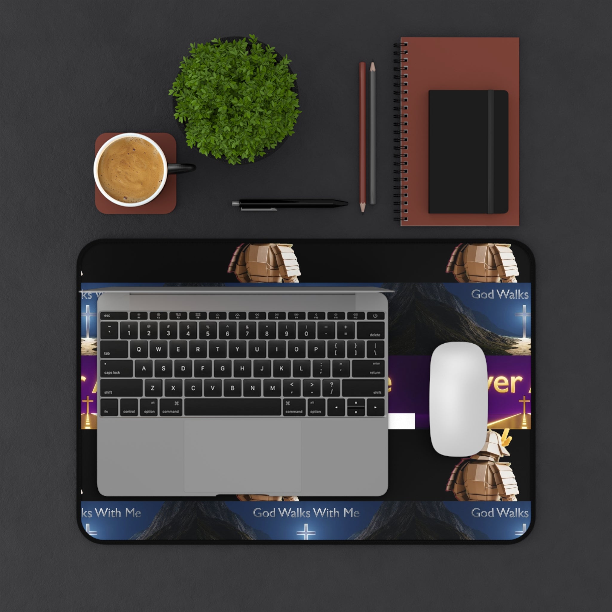 Never Alone Desk Mat — Christian Faith Prayer Desk Mat with Cross & Shepherd Design