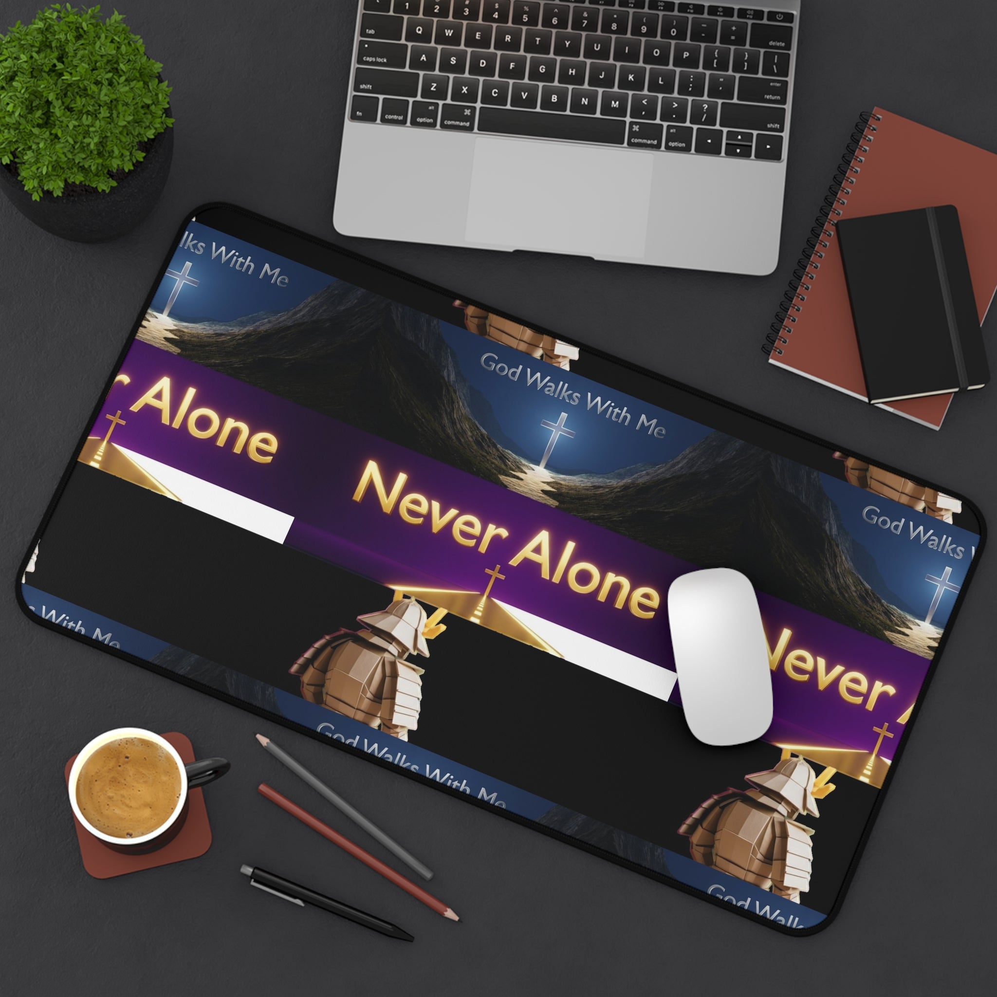 Never Alone Desk Mat — Christian Faith Prayer Desk Mat with Cross & Shepherd Design
