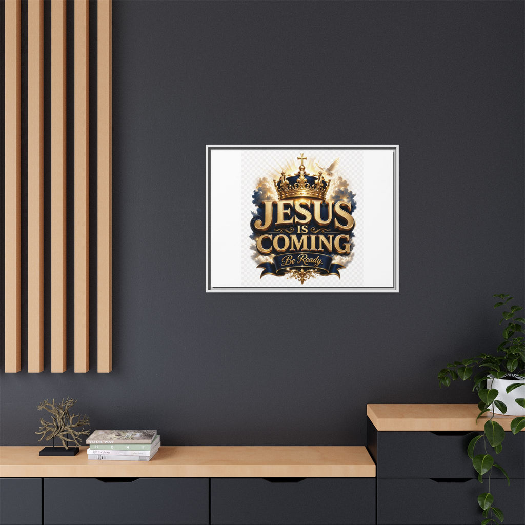 Framed Matte Canvas — "Jesus Is Coming" Gold Crown Christian Wall Art