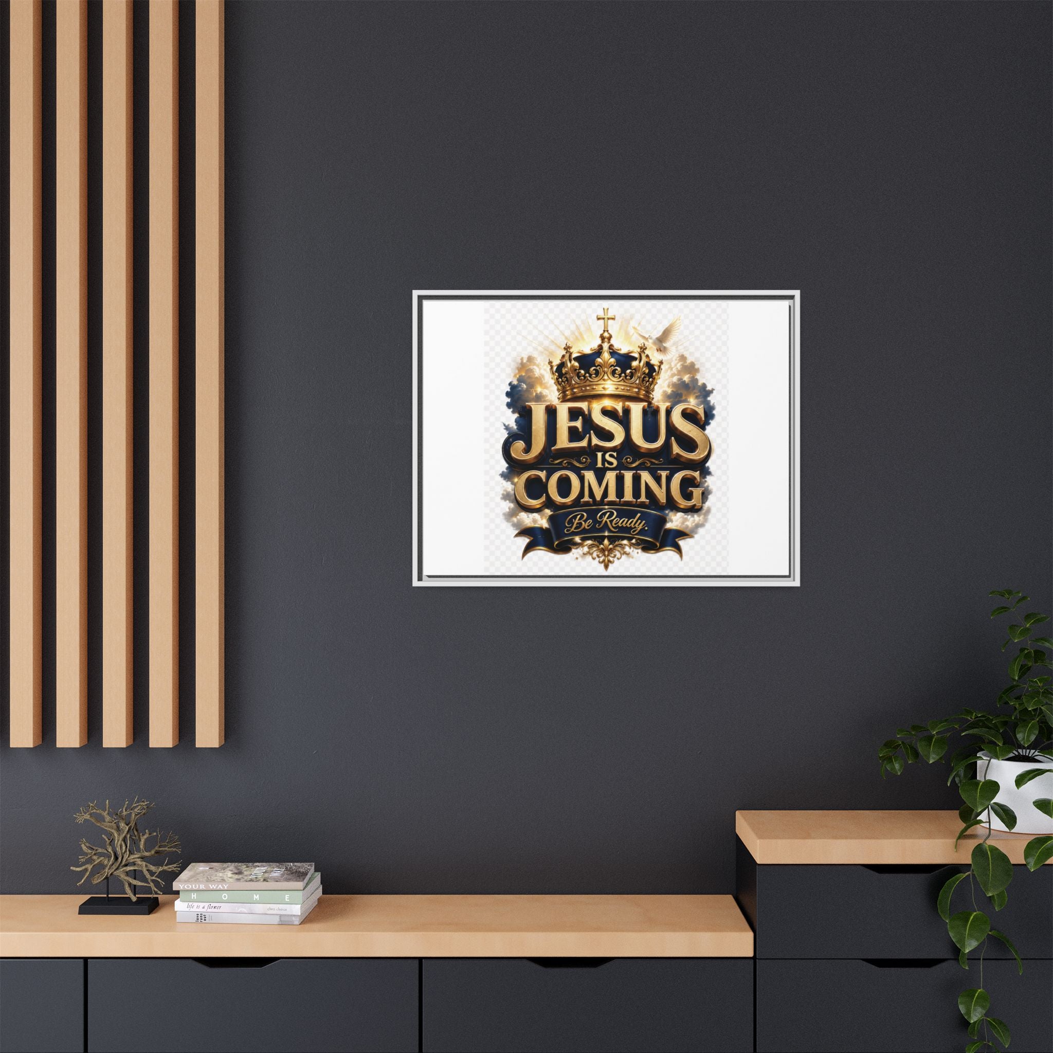 Framed Matte Canvas — "Jesus Is Coming" Gold Crown Christian Wall Art