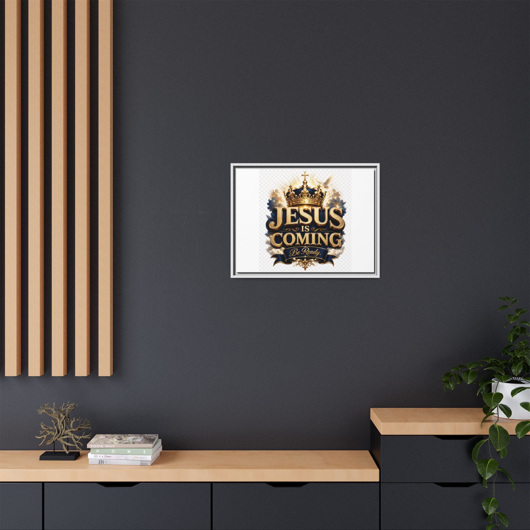 Framed Matte Canvas — "Jesus Is Coming" Gold Crown Christian Wall Art