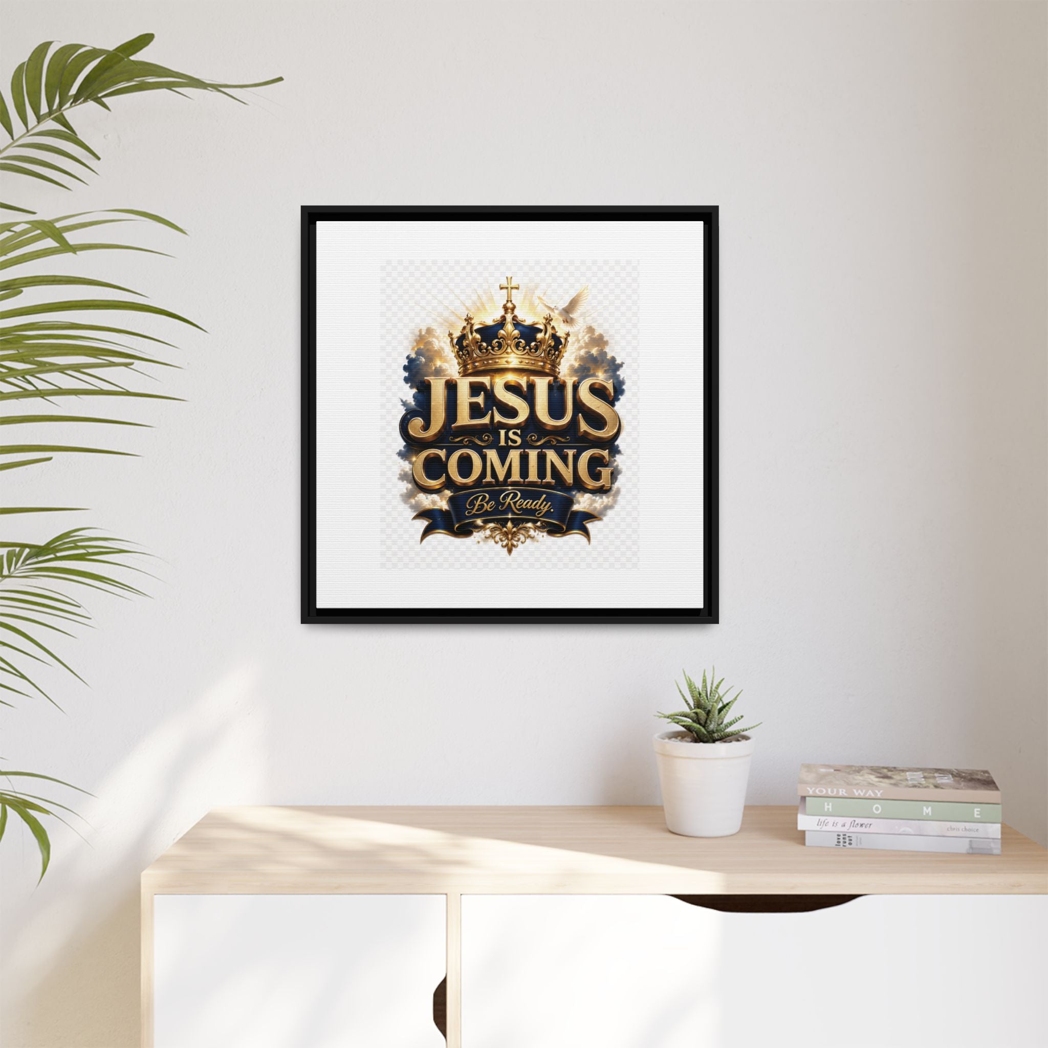 Framed Matte Canvas — "Jesus Is Coming" Gold Crown Christian Wall Art