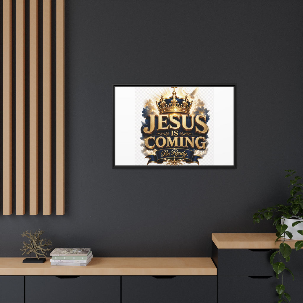 Framed Matte Canvas — "Jesus Is Coming" Gold Crown Christian Wall Art