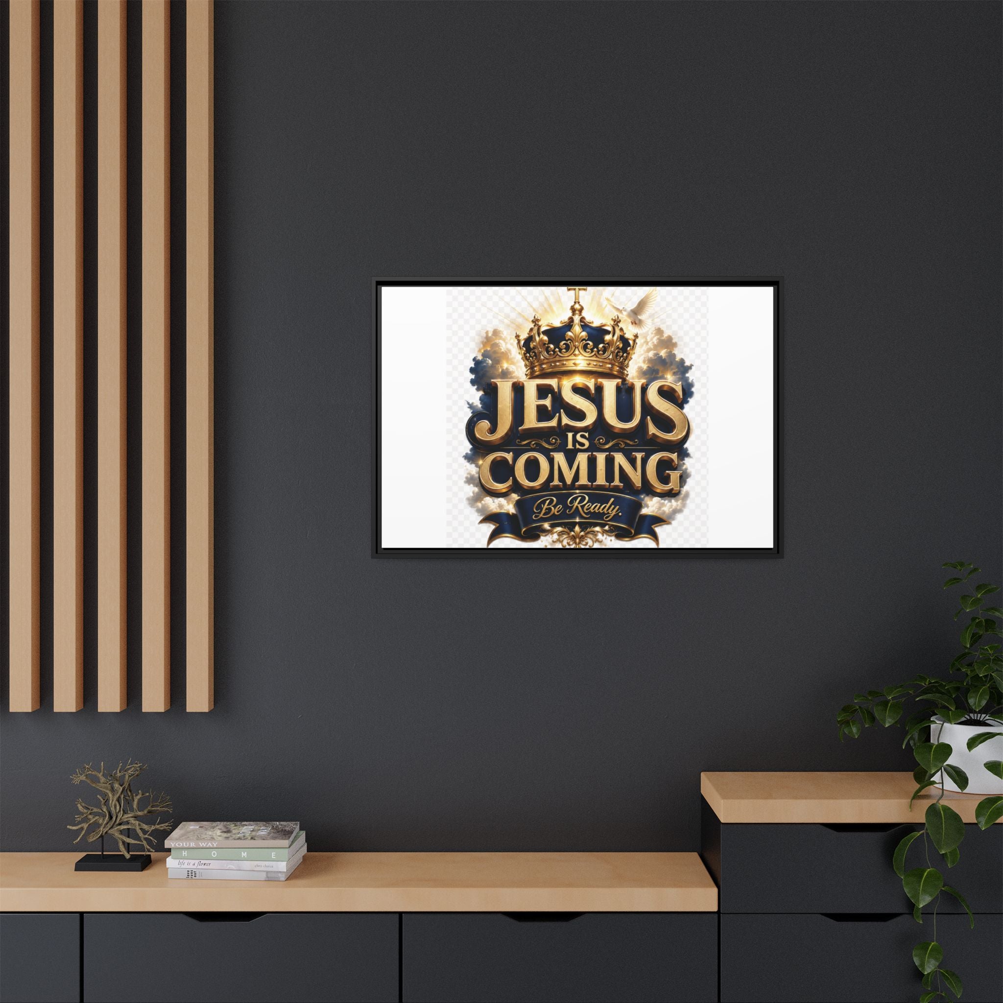 Framed Matte Canvas — "Jesus Is Coming" Gold Crown Christian Wall Art