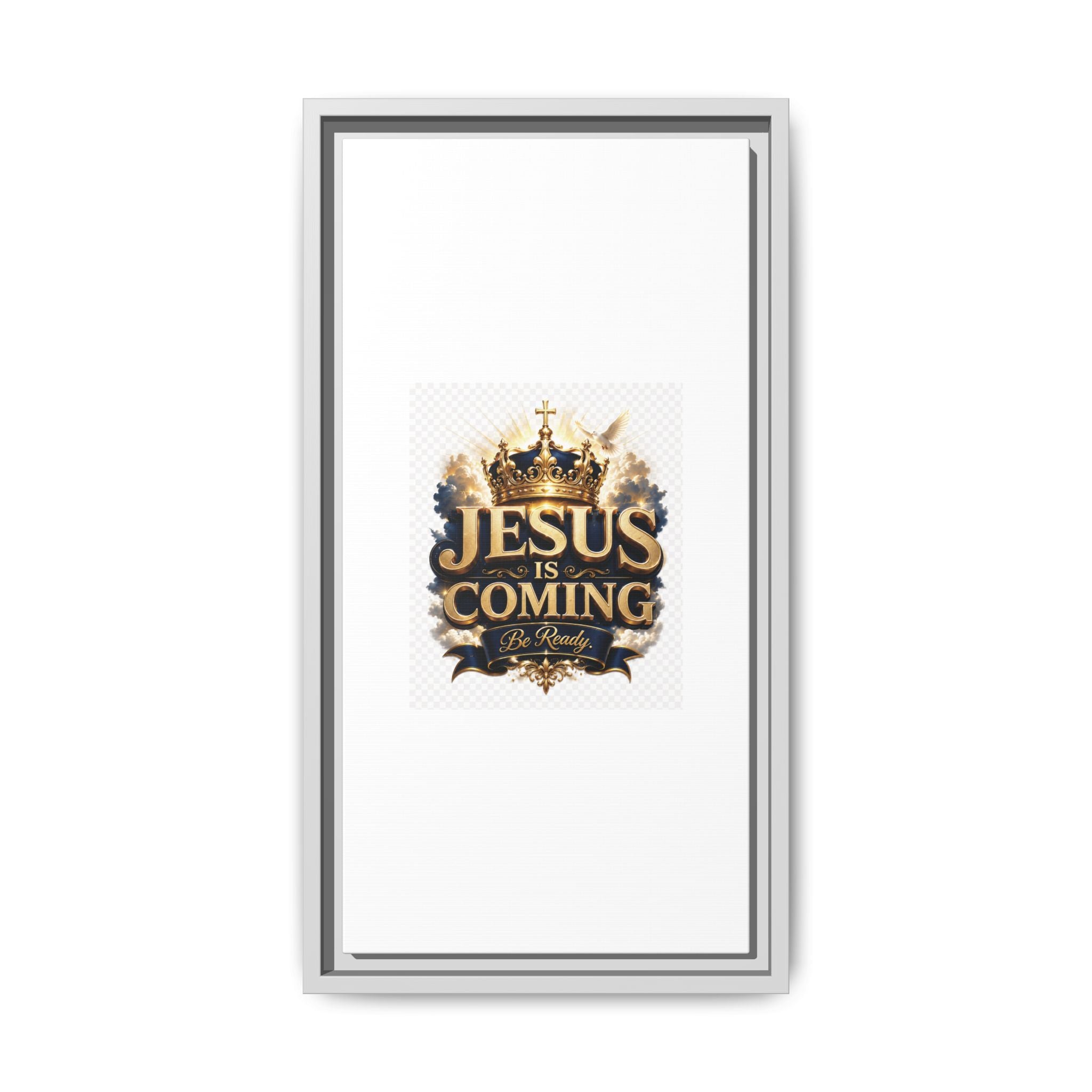 Framed Matte Canvas — "Jesus Is Coming" Gold Crown Christian Wall Art