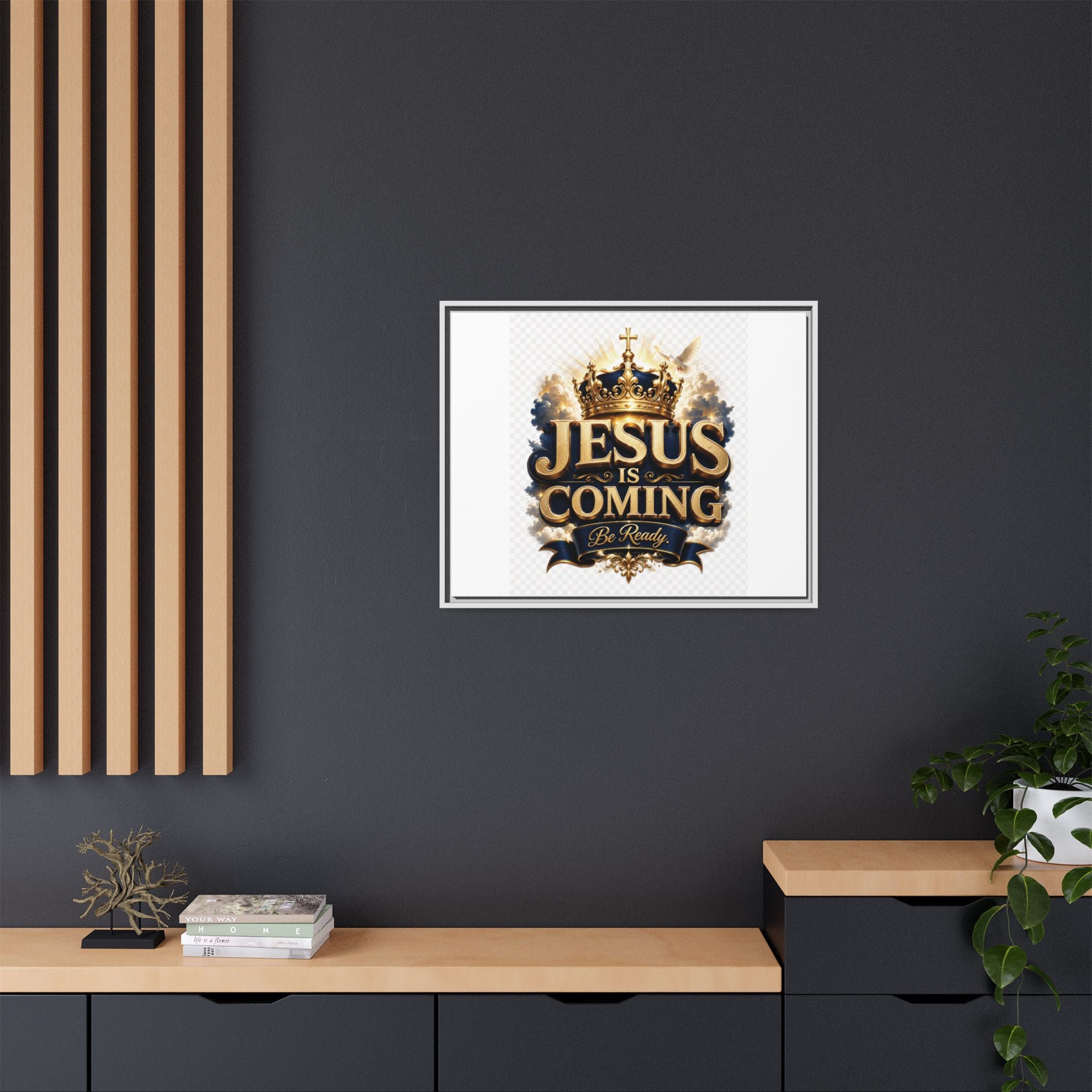 Framed Matte Canvas — "Jesus Is Coming" Gold Crown Christian Wall Art