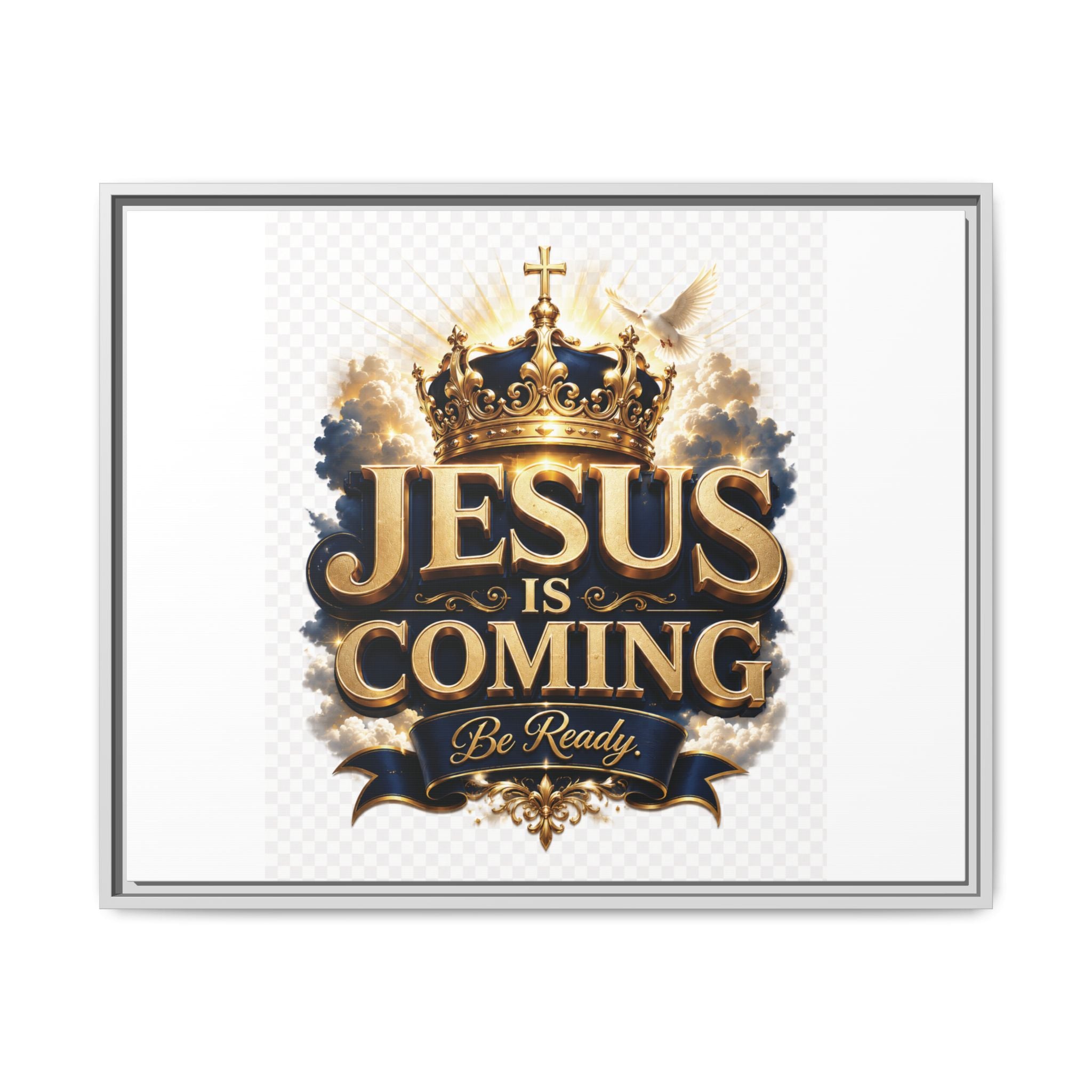 Framed Matte Canvas — "Jesus Is Coming" Gold Crown Christian Wall Art