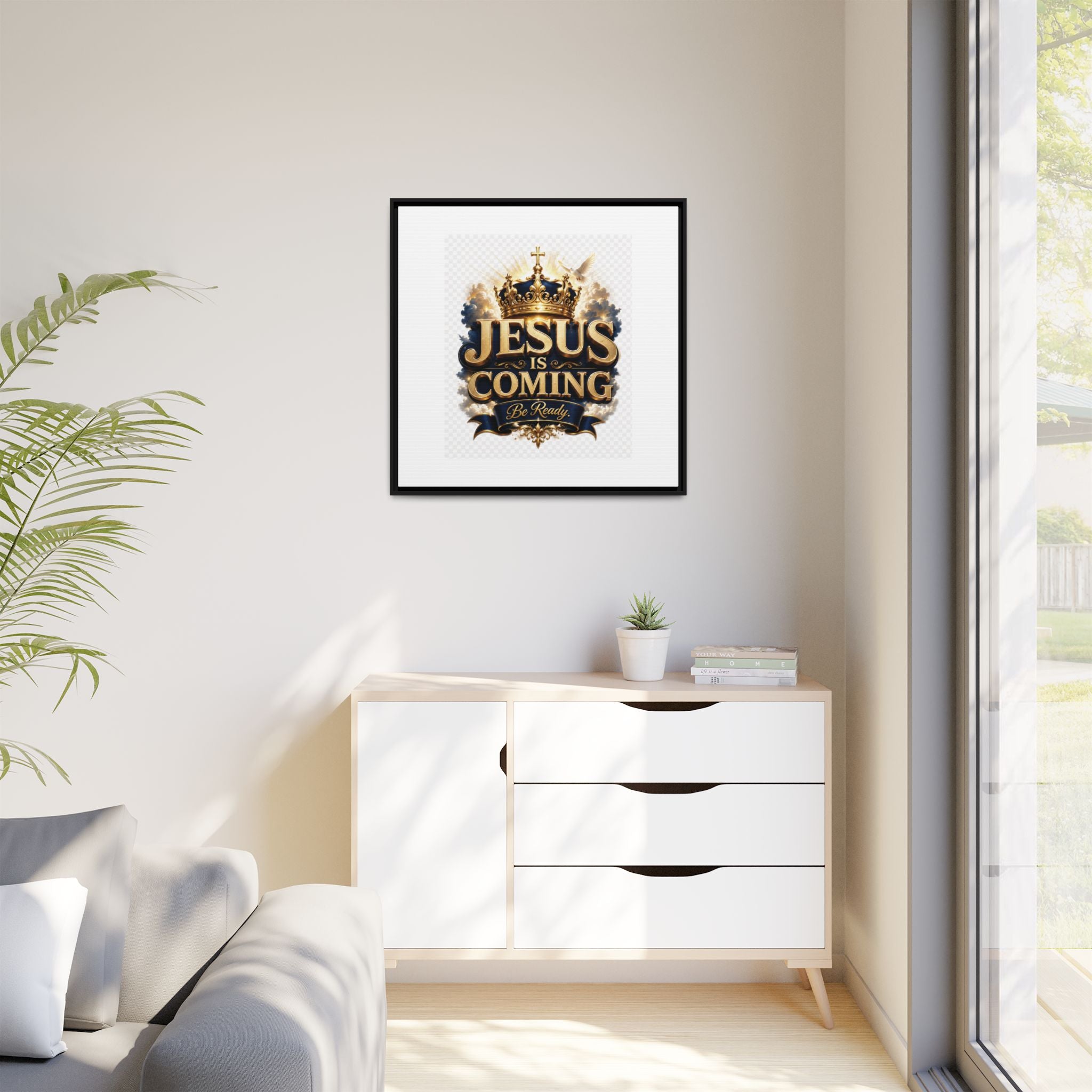 Framed Matte Canvas — "Jesus Is Coming" Gold Crown Christian Wall Art