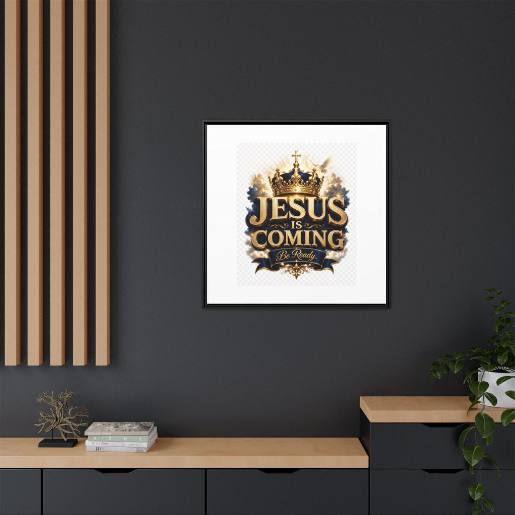 Framed Matte Canvas — "Jesus Is Coming" Gold Crown Christian Wall Art