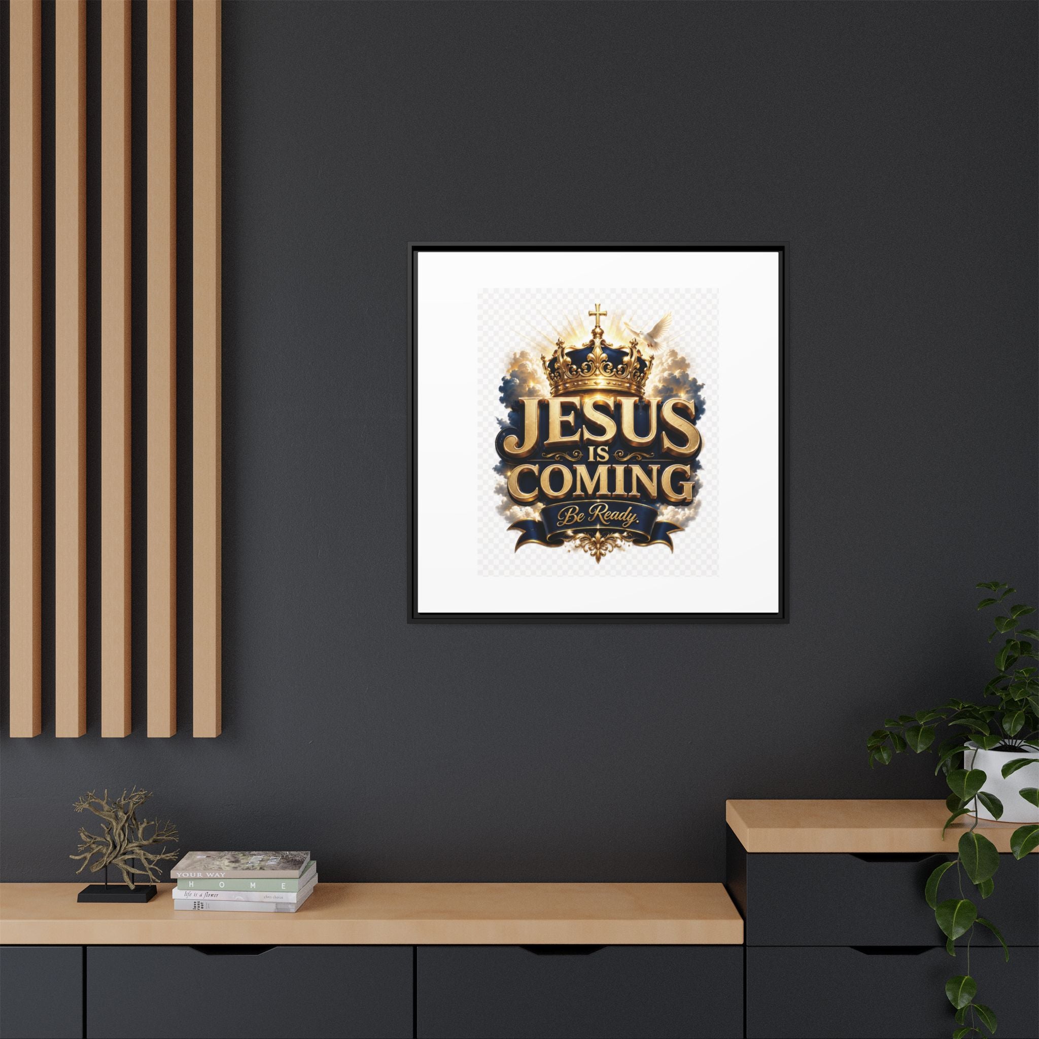 Framed Matte Canvas — "Jesus Is Coming" Gold Crown Christian Wall Art
