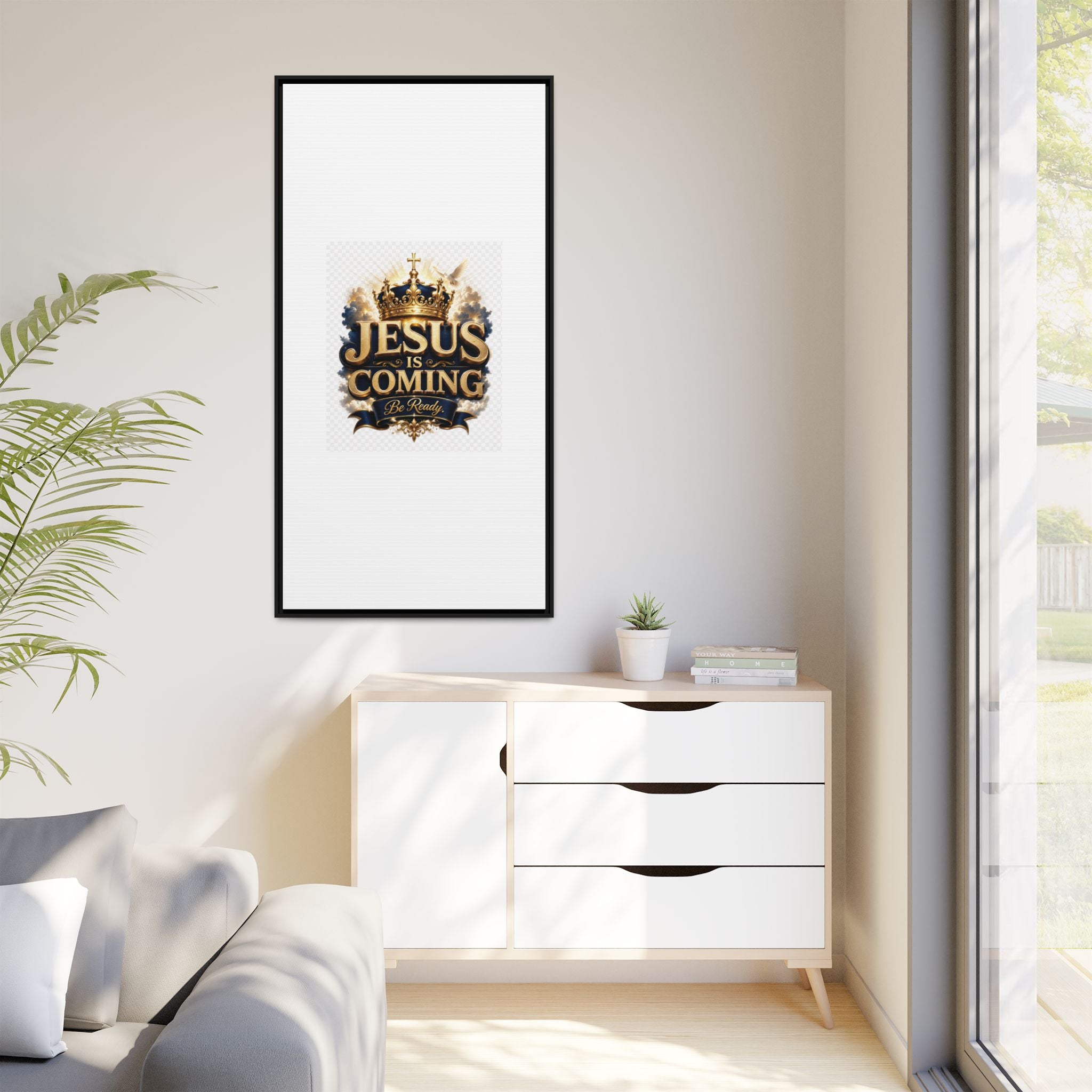 Framed Matte Canvas — "Jesus Is Coming" Gold Crown Christian Wall Art