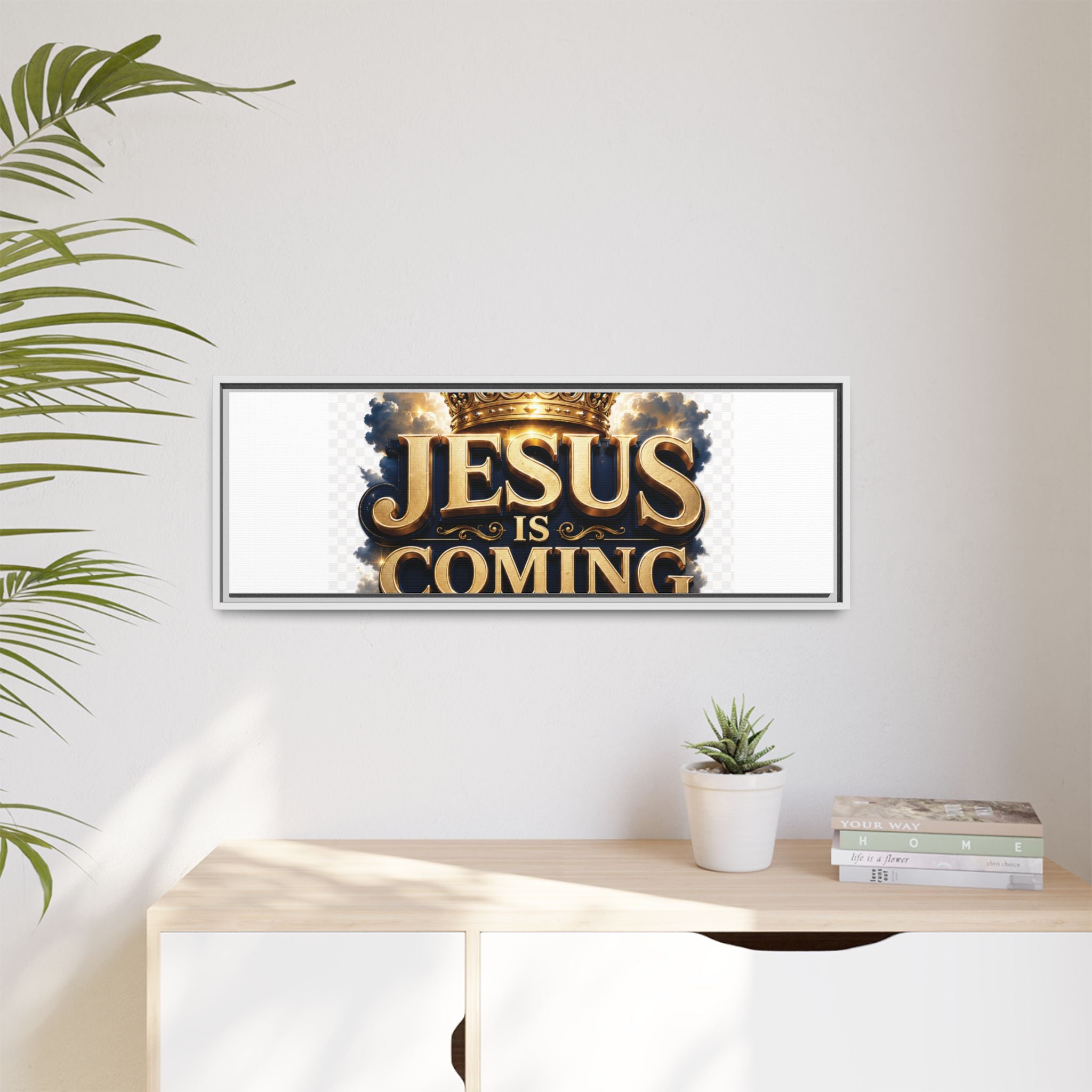 Framed Matte Canvas — "Jesus Is Coming" Gold Crown Christian Wall Art