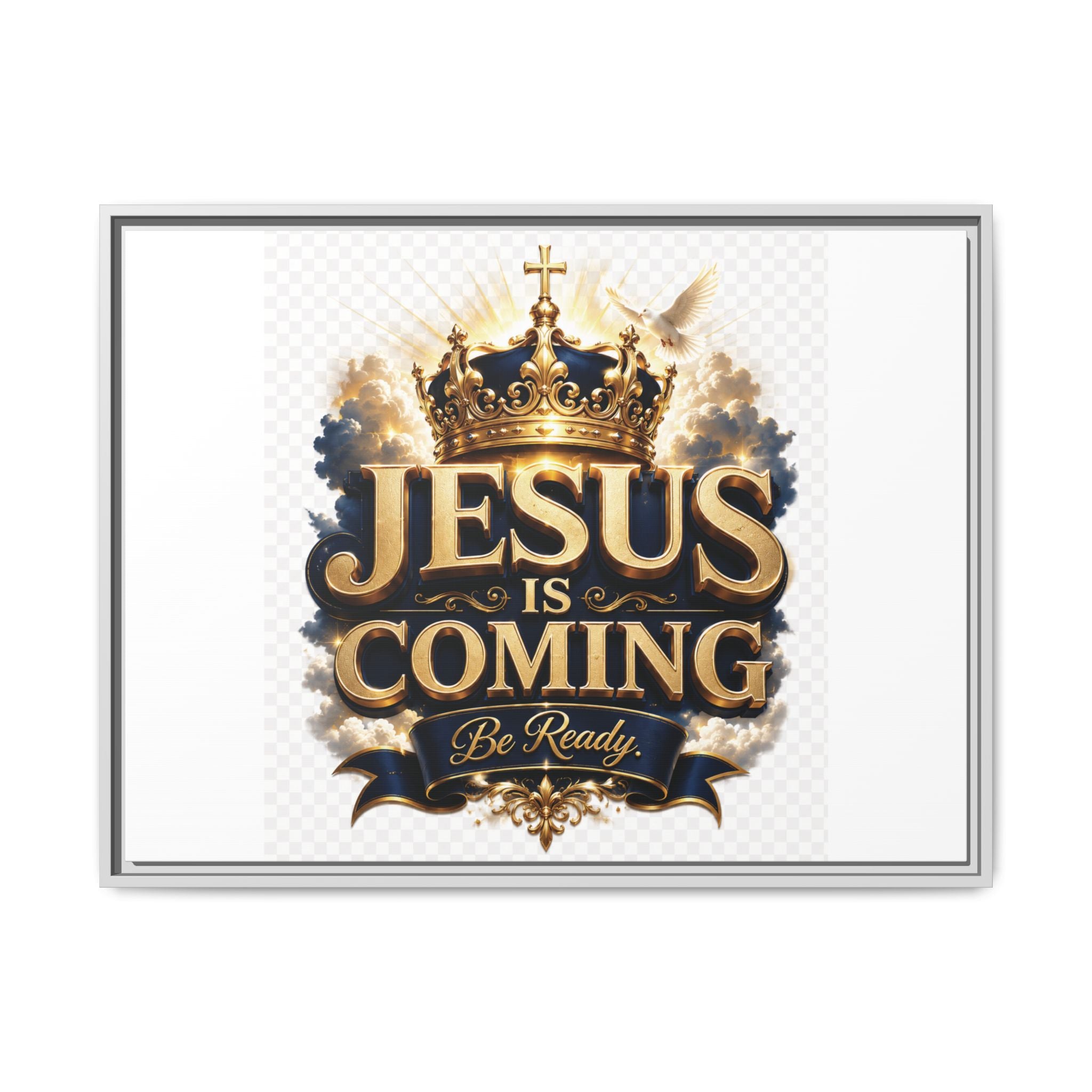Framed Matte Canvas — "Jesus Is Coming" Gold Crown Christian Wall Art