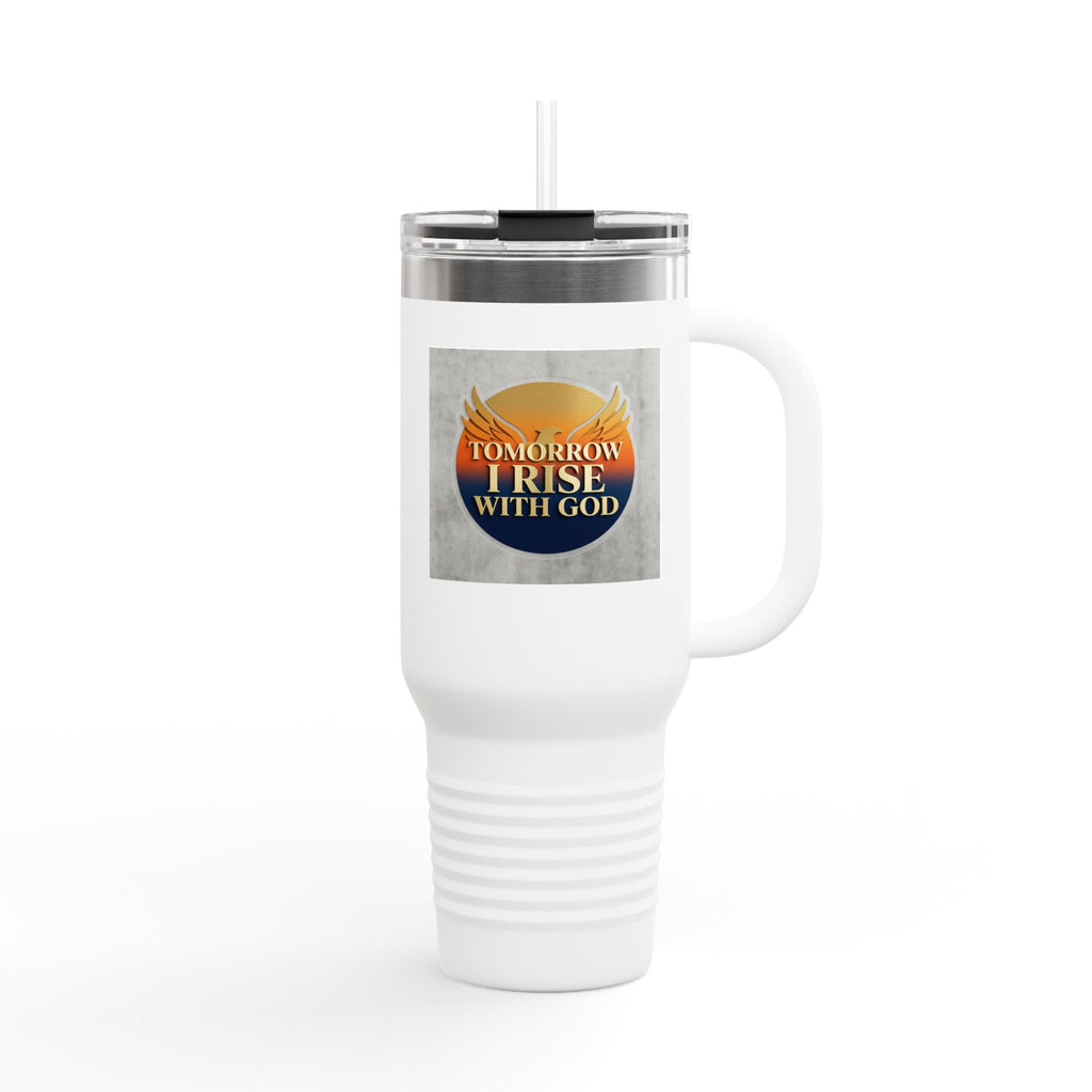 Insulated Travel Mug 40oz — "Tomorrow I Rise With God" Sunrise Faith Tumbler