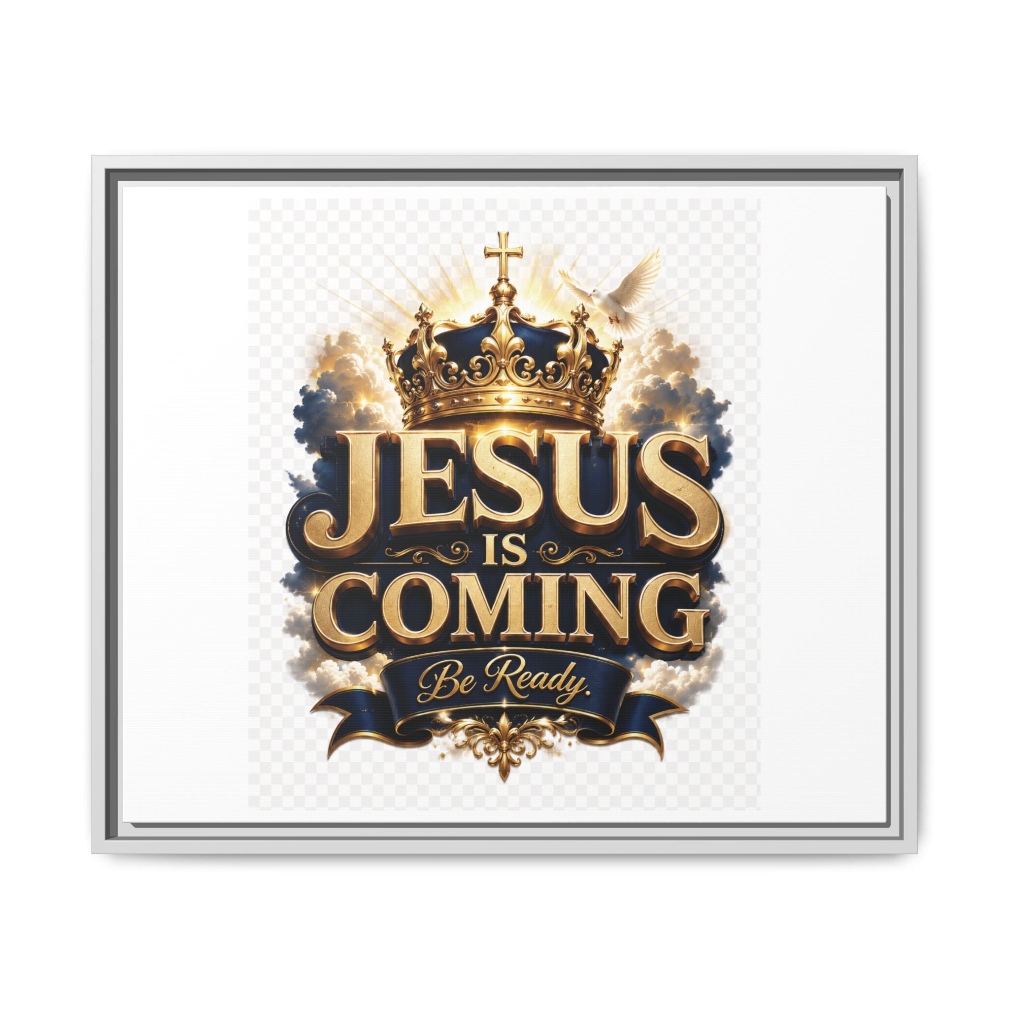 Framed Matte Canvas — "Jesus Is Coming" Gold Crown Christian Wall Art