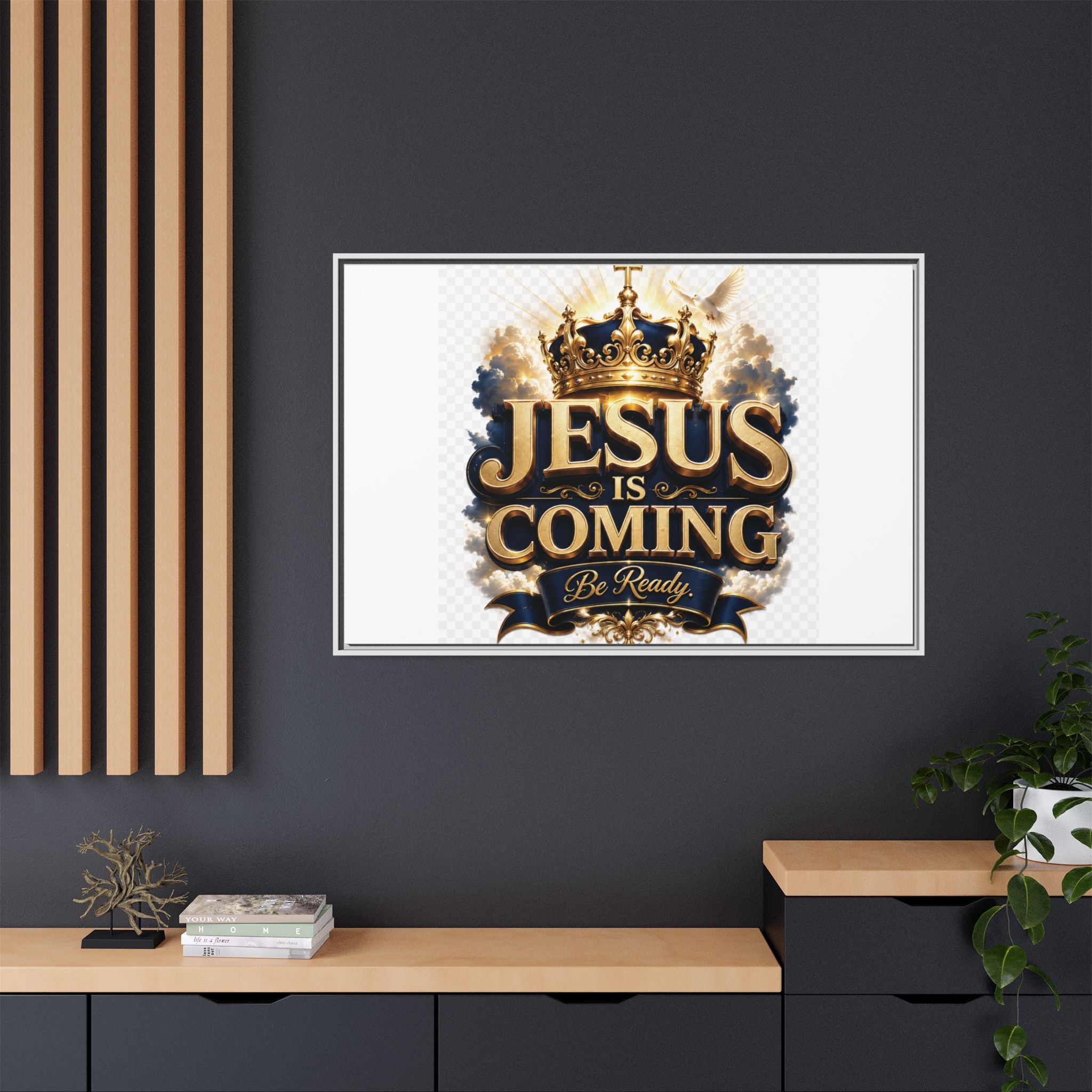 Framed Matte Canvas — "Jesus Is Coming" Gold Crown Christian Wall Art