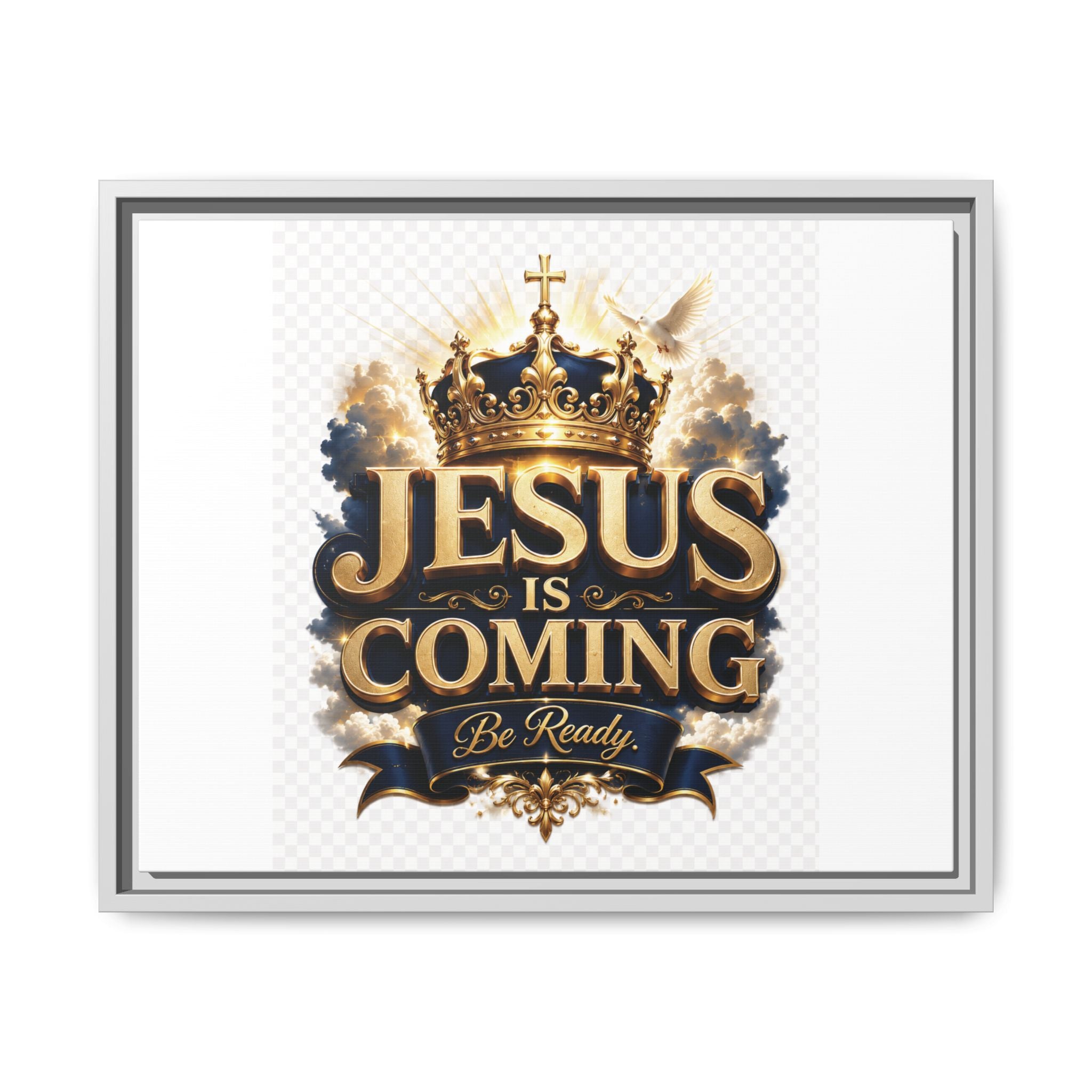 Framed Matte Canvas — "Jesus Is Coming" Gold Crown Christian Wall Art