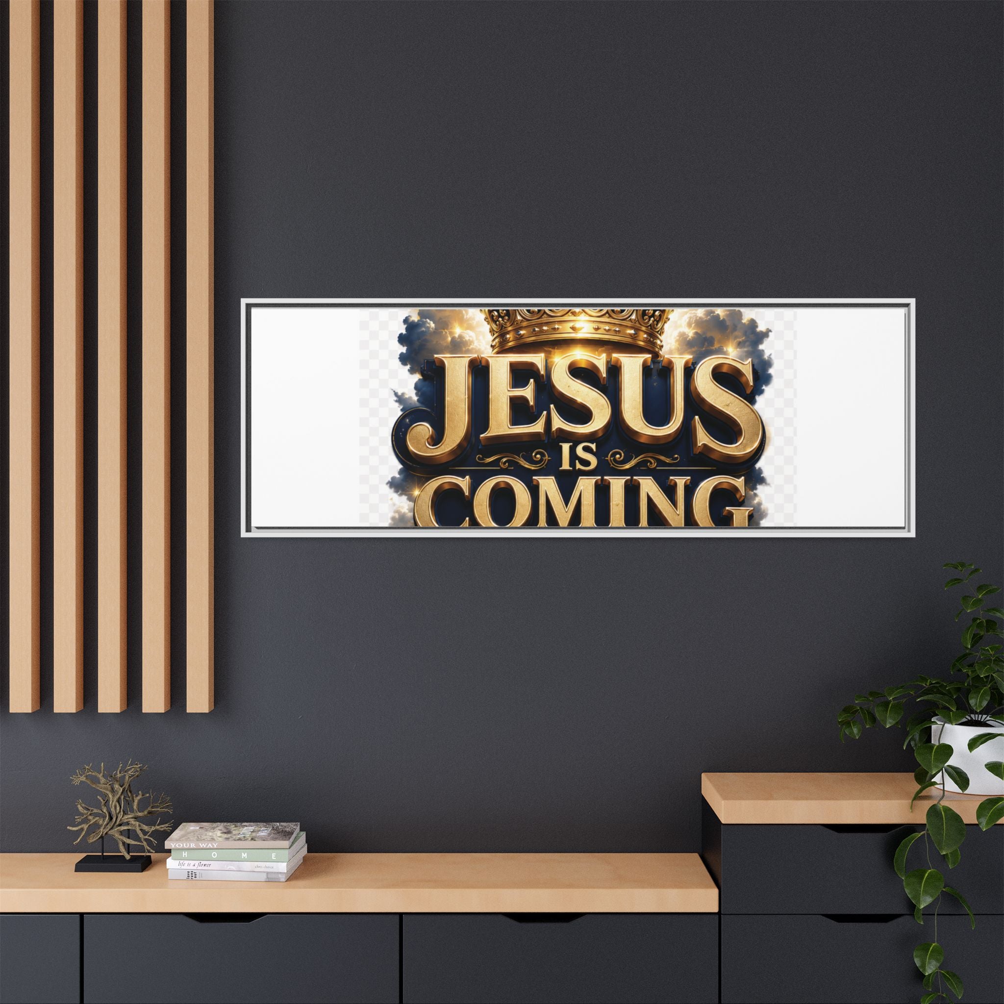 Framed Matte Canvas — "Jesus Is Coming" Gold Crown Christian Wall Art