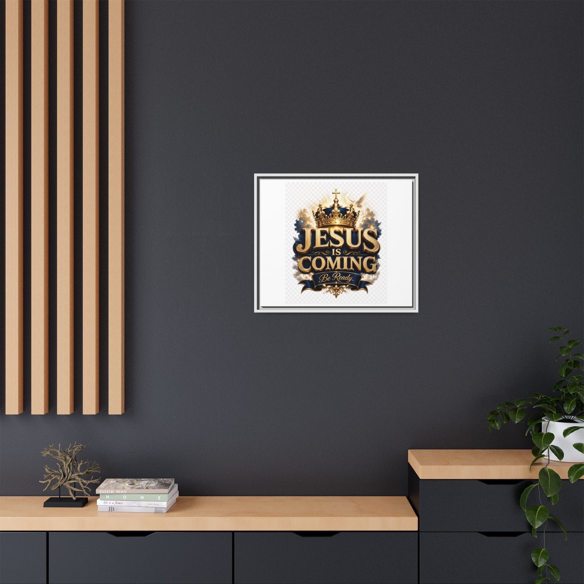 Framed Matte Canvas — "Jesus Is Coming" Gold Crown Christian Wall Art