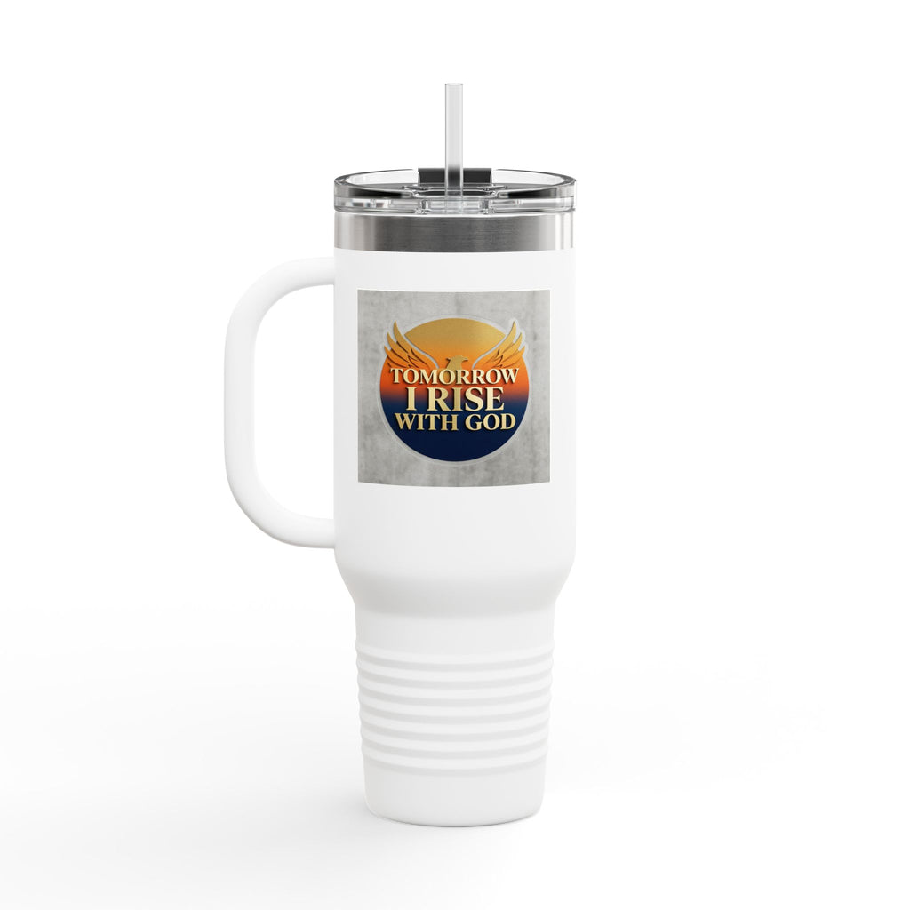 Insulated Travel Mug 40oz — "Tomorrow I Rise With God" Sunrise Faith Tumbler