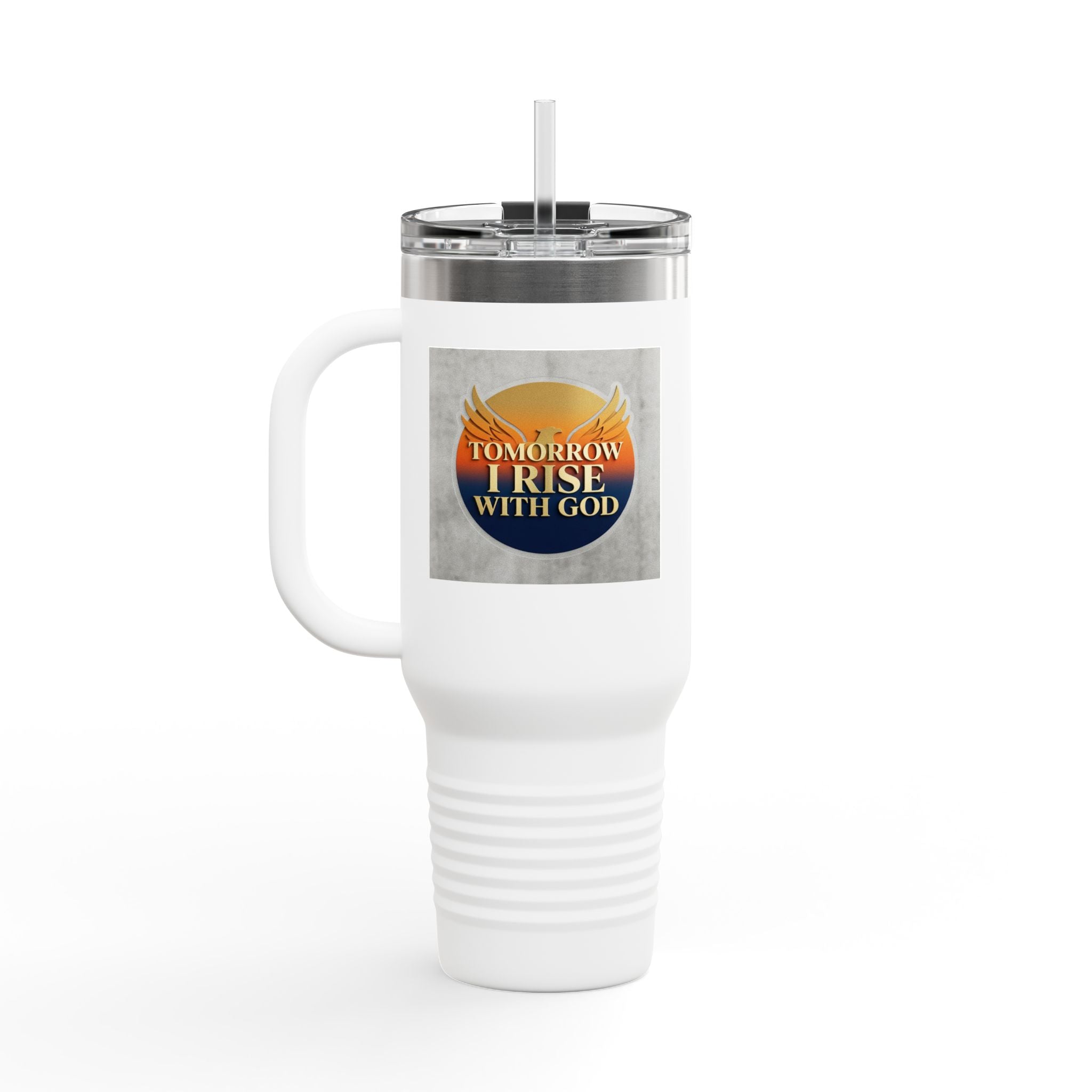 Insulated Travel Mug 40oz — "Tomorrow I Rise With God" Sunrise Faith Tumbler