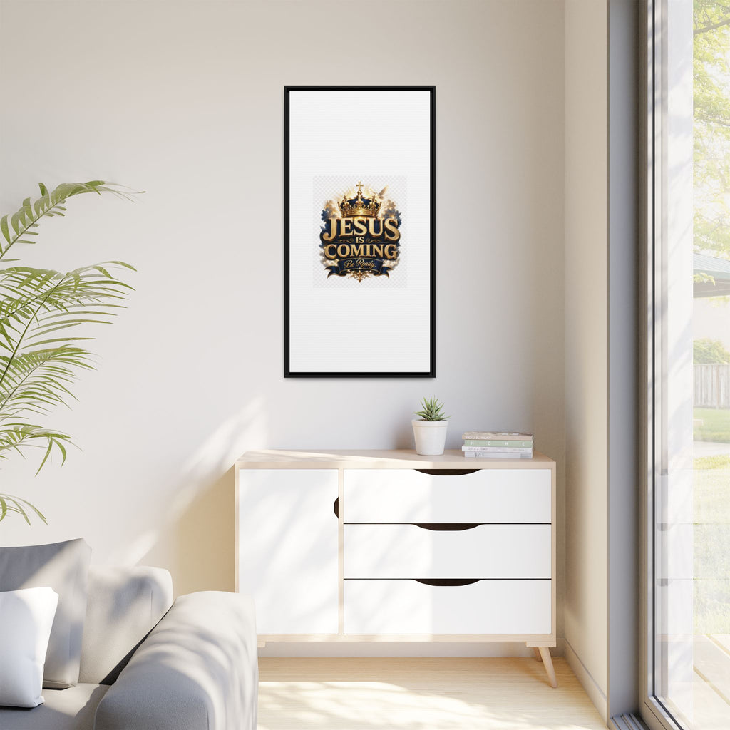 Framed Matte Canvas — "Jesus Is Coming" Gold Crown Christian Wall Art