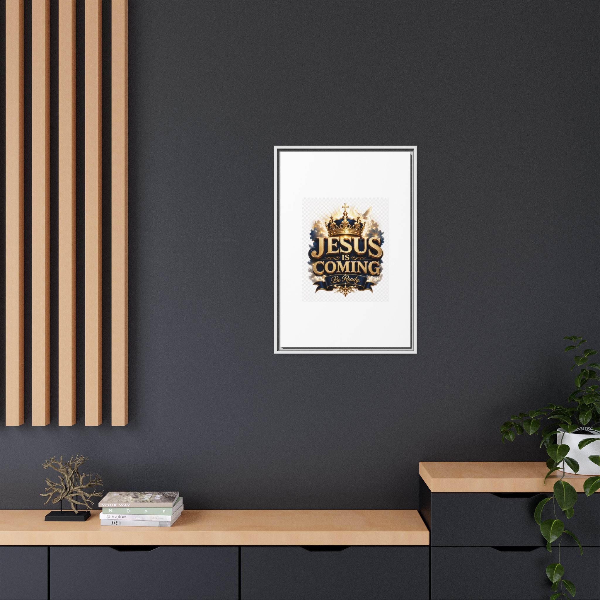 Framed Matte Canvas — "Jesus Is Coming" Gold Crown Christian Wall Art